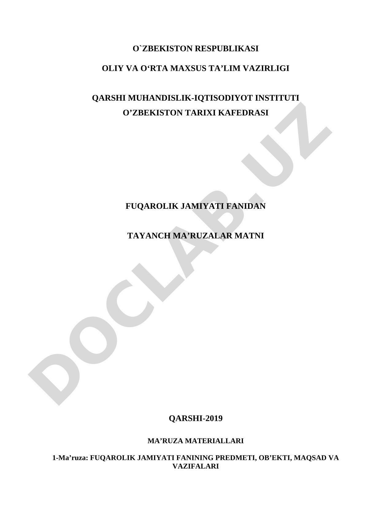 Fuqarolik jamiyati fanidan tayanch ma'ruzalar matni