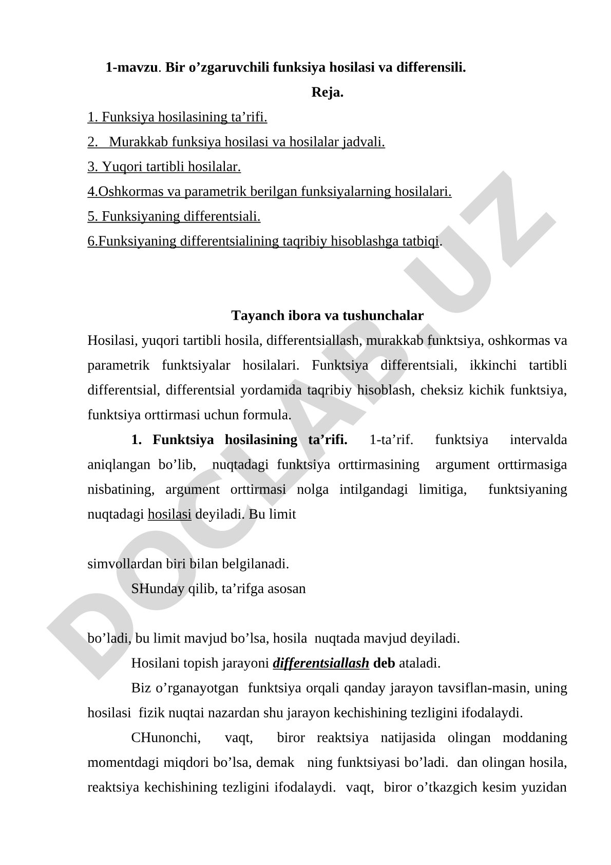 Bir o’zgaruvchili funksiya hosilasi va differensili