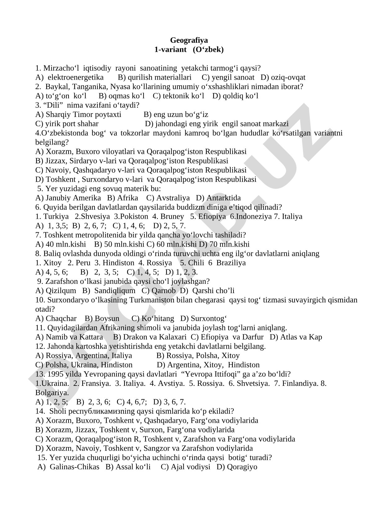 Geografiya 1-variant (O‘zbek)