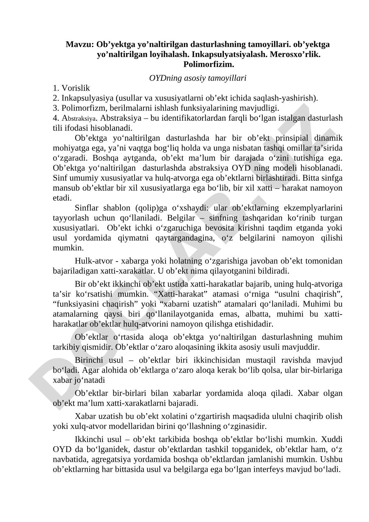 Ob’yektga yo’naltirilgan dasturlashning tamoyillari