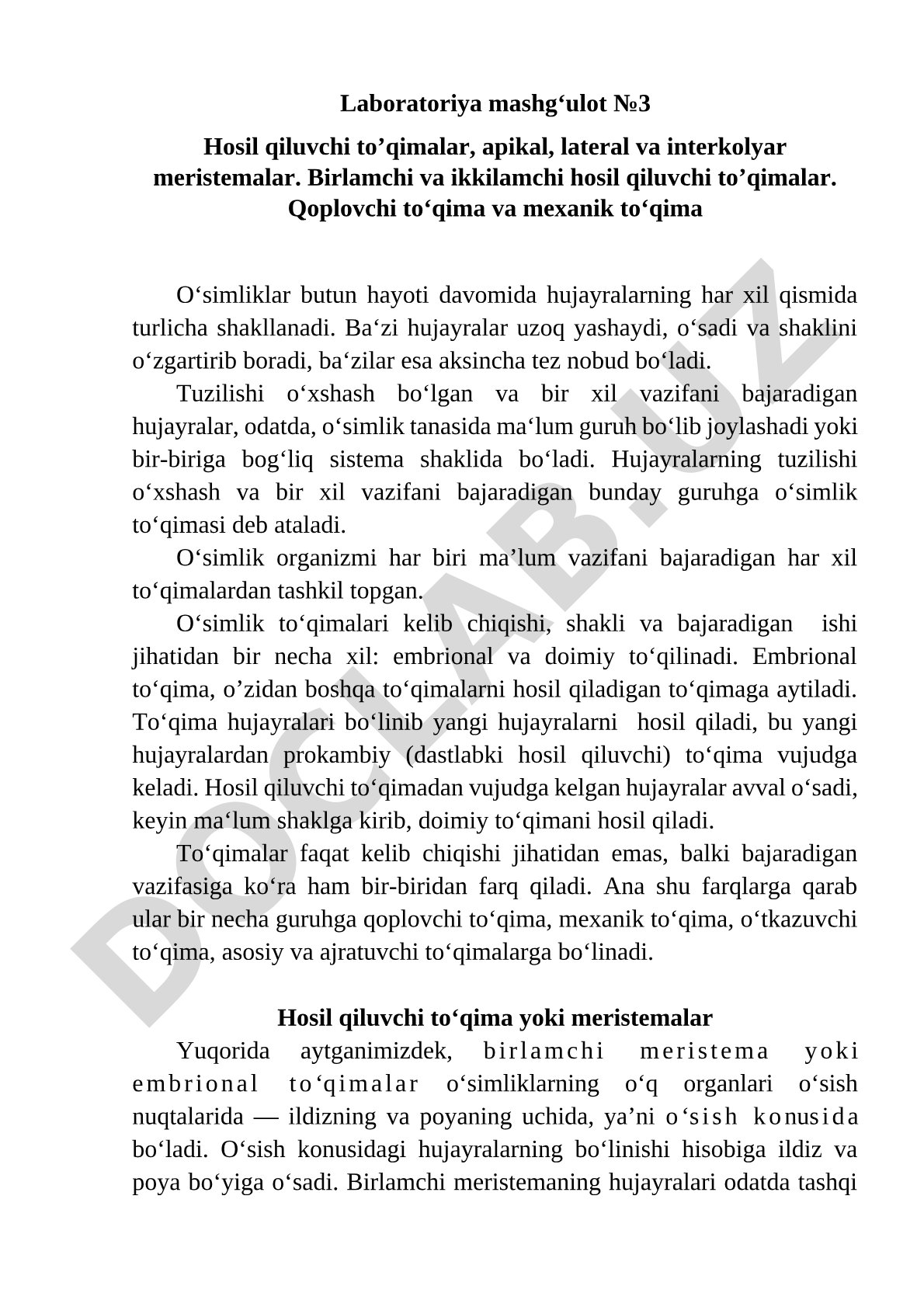 O'simlik to'qimalari: hosil qiluvchi, qoplovchi va mexanik to'qimalar