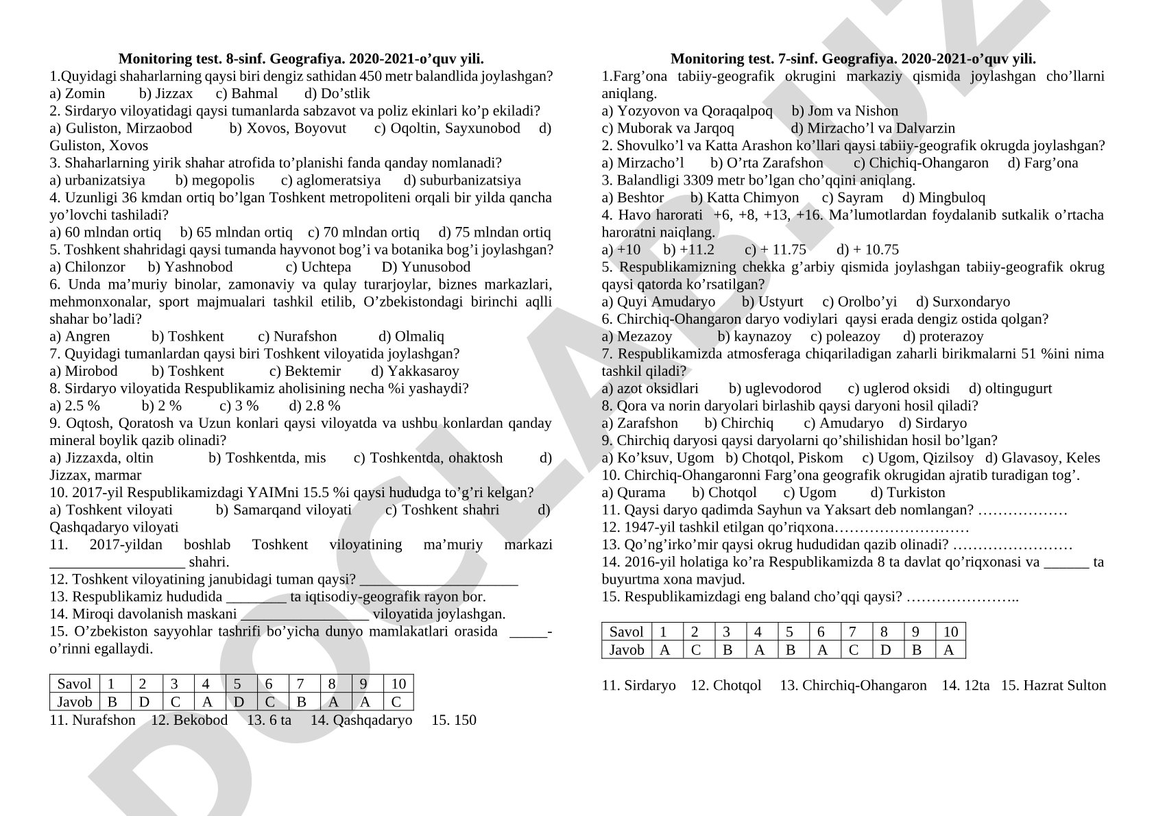 8-sinf Geografiya monitoring testi