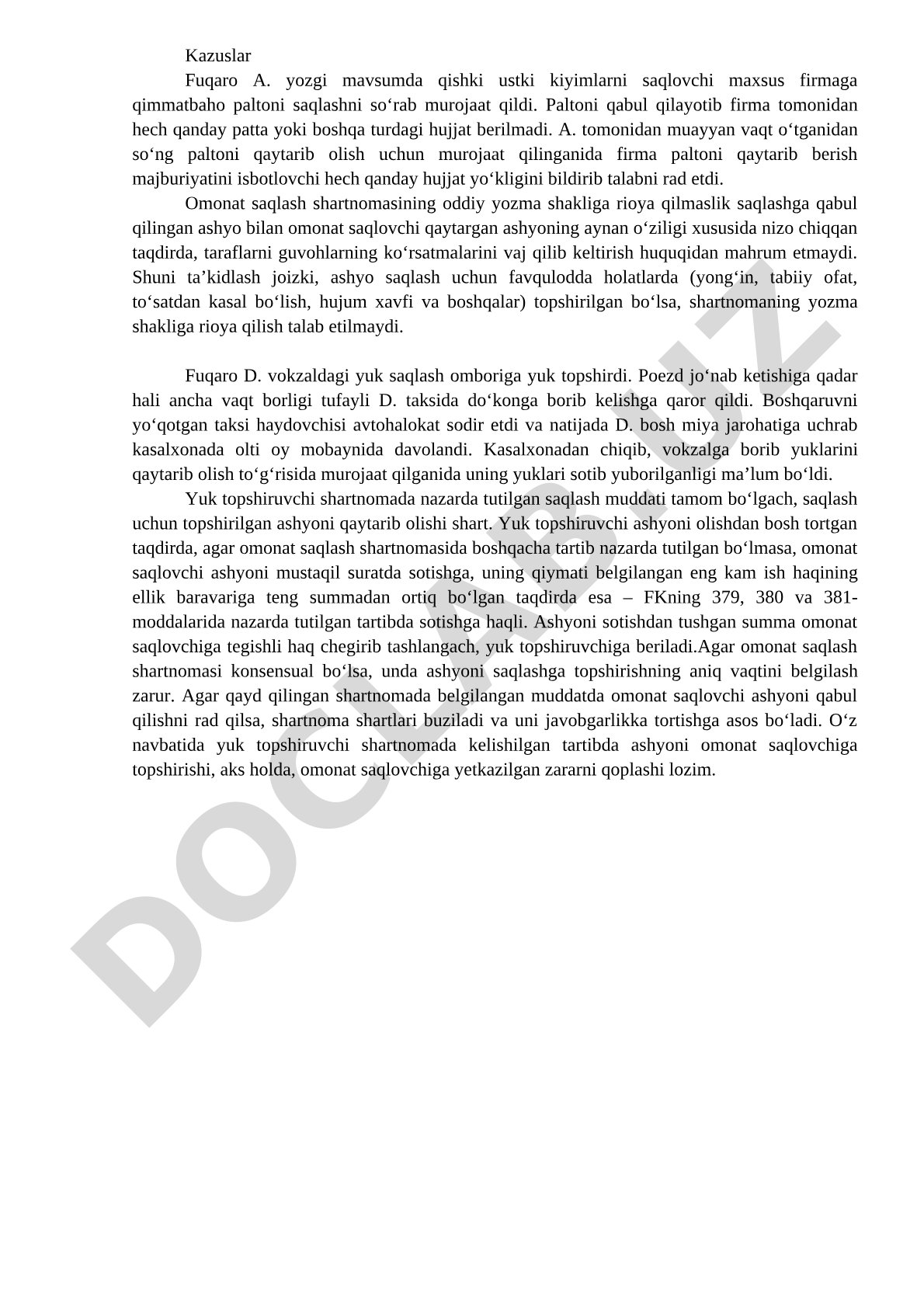 Omonat saqlash shartnomasi bo'yicha fuqarolik kazuslari