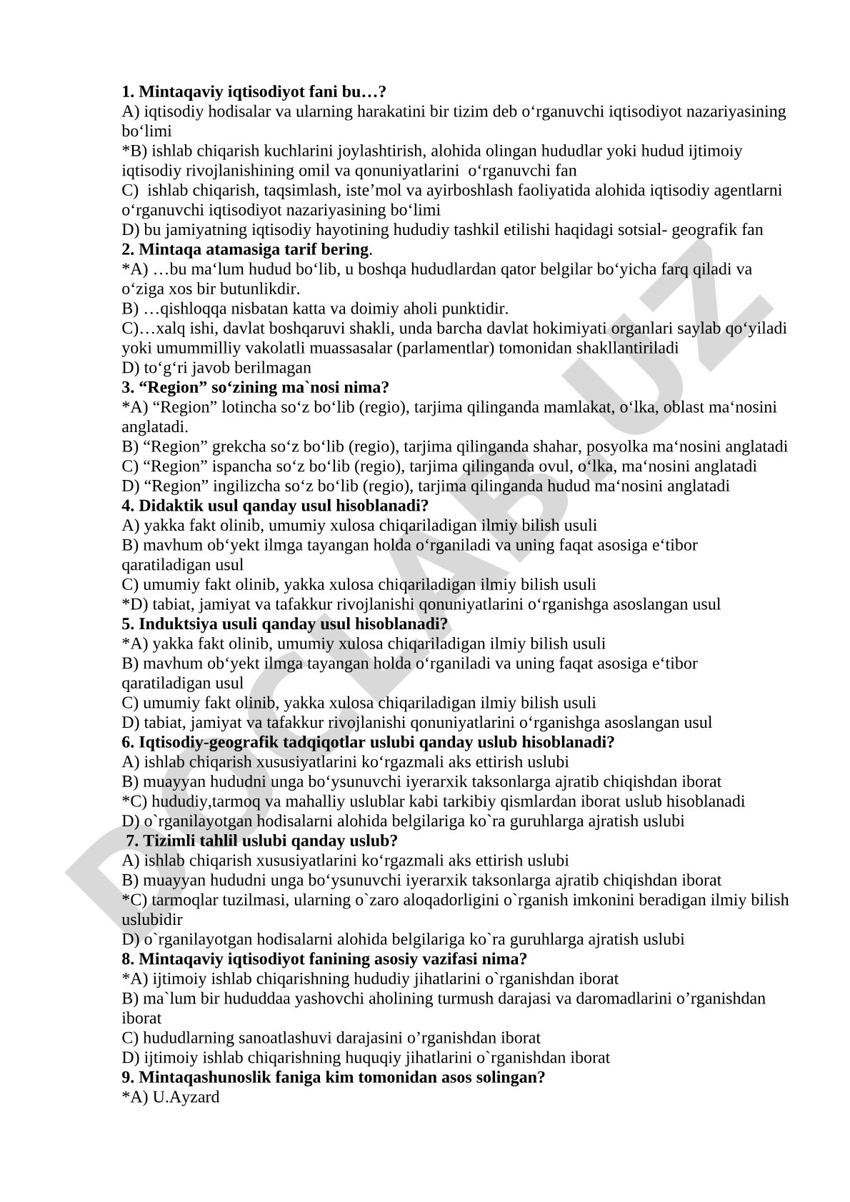 Mintaqaviy iqtisodiyot fanidan test savollari