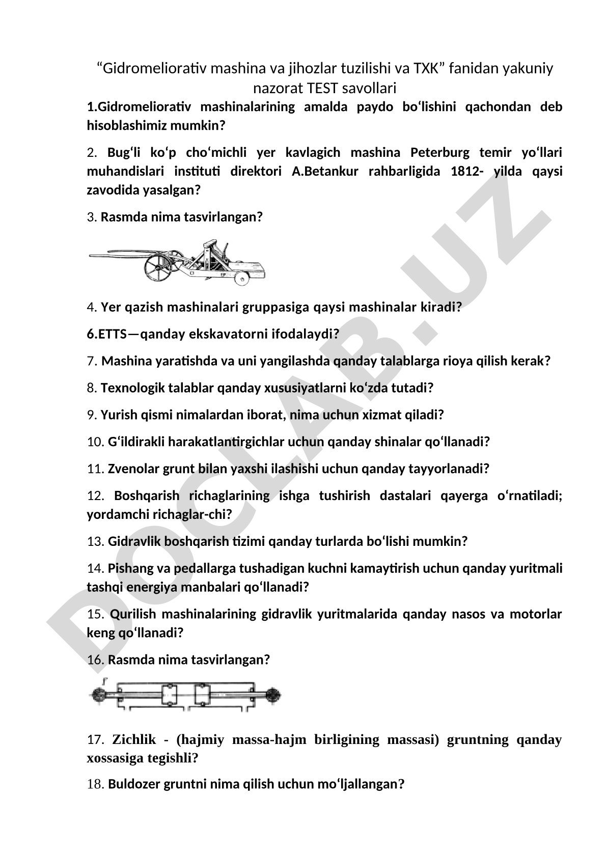 Gidromeliorativ mashina va jihozlar tuzilishi va TXK fanidan yakuniy nazorat test savollari