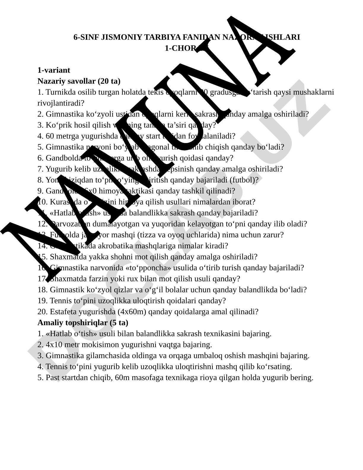 6-sinf jismoniy tarbiya fanidan nazorat ishlari 1-chorak 1-variant
