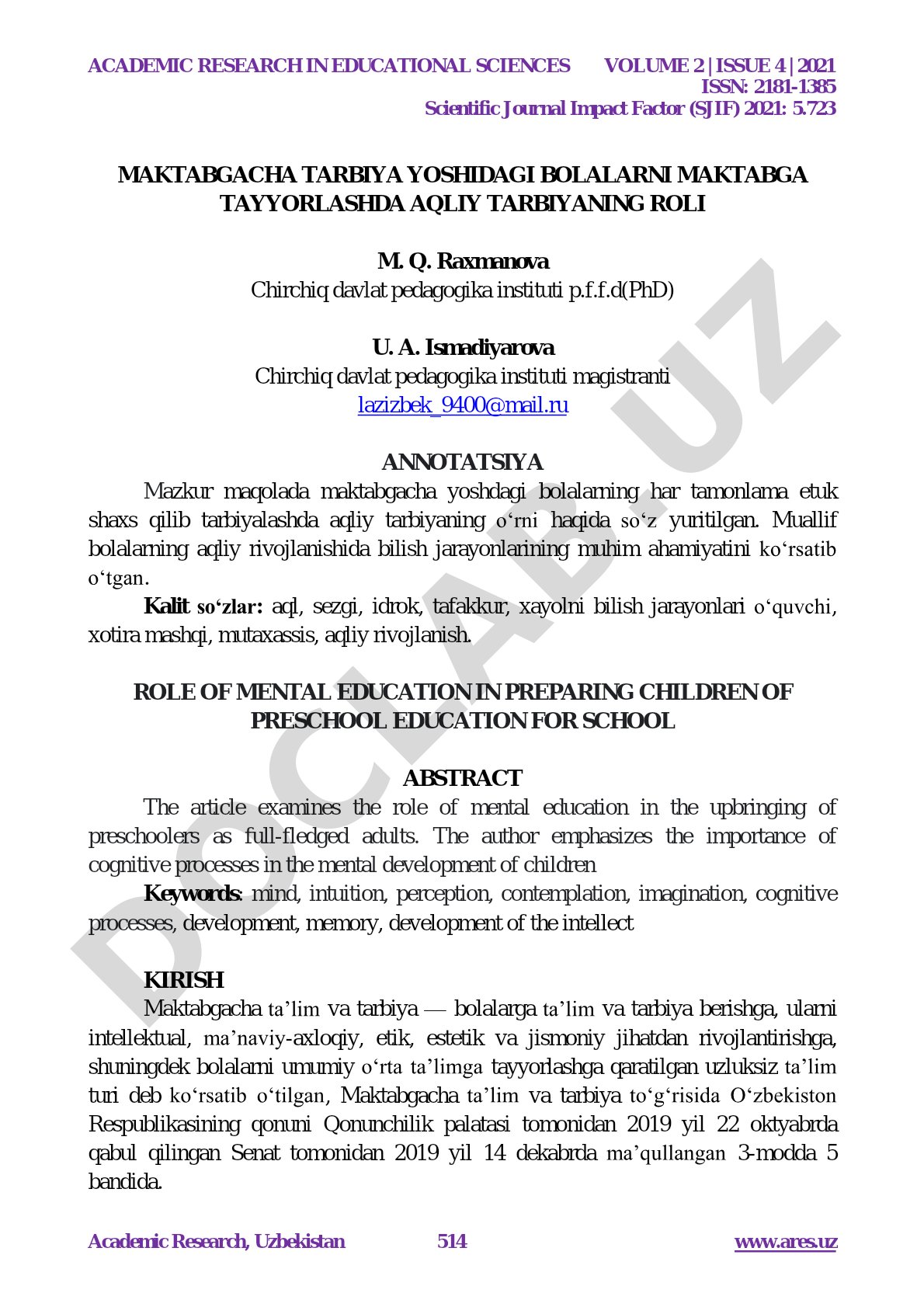 Maktabgacha tarbiya yoshidagi bolalarni maktabga tayyorlashda aqliy tarbiyaning roli