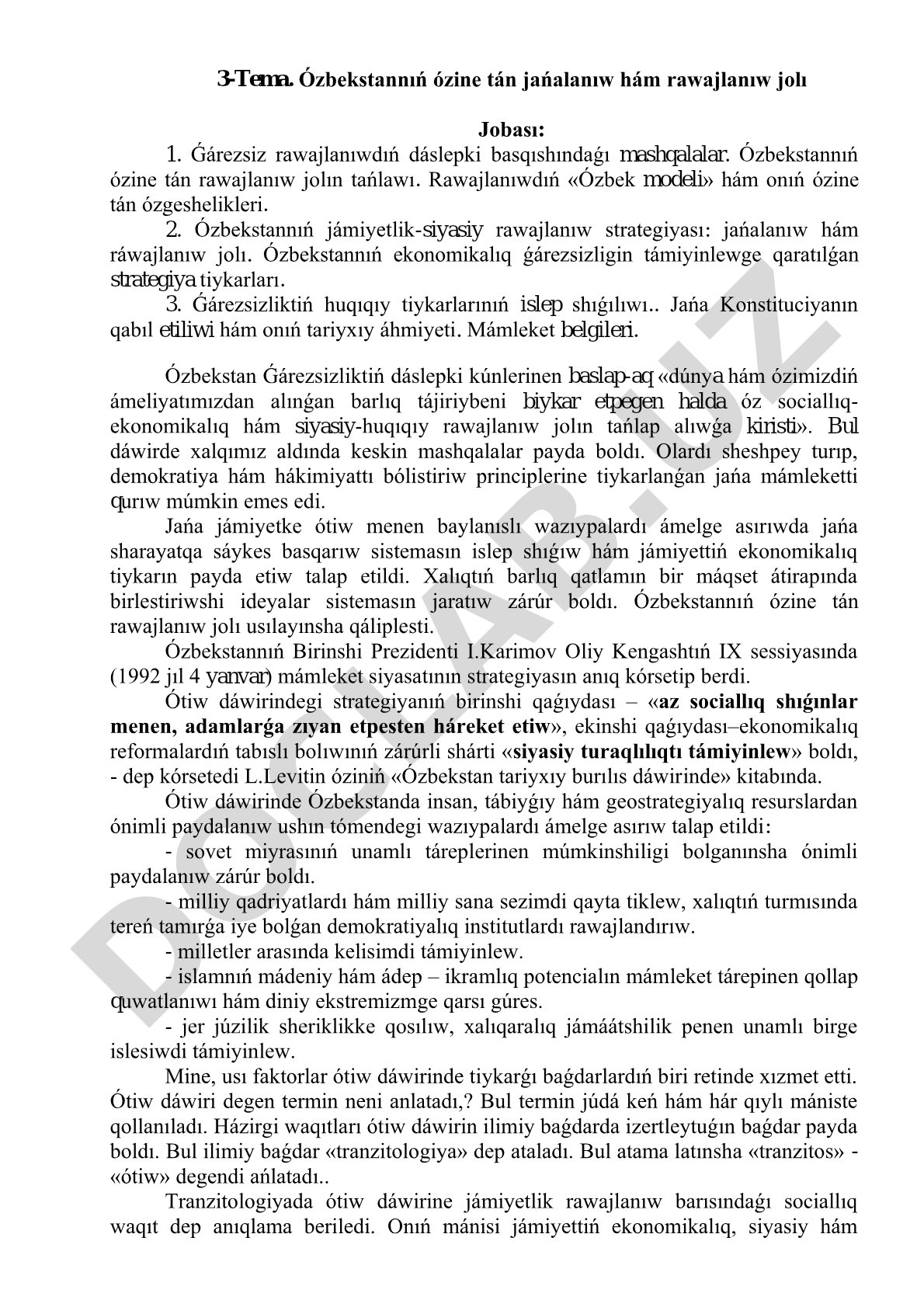 Ózbekstannıń ózine tán jańalanıw hám rawajlanıw jolı