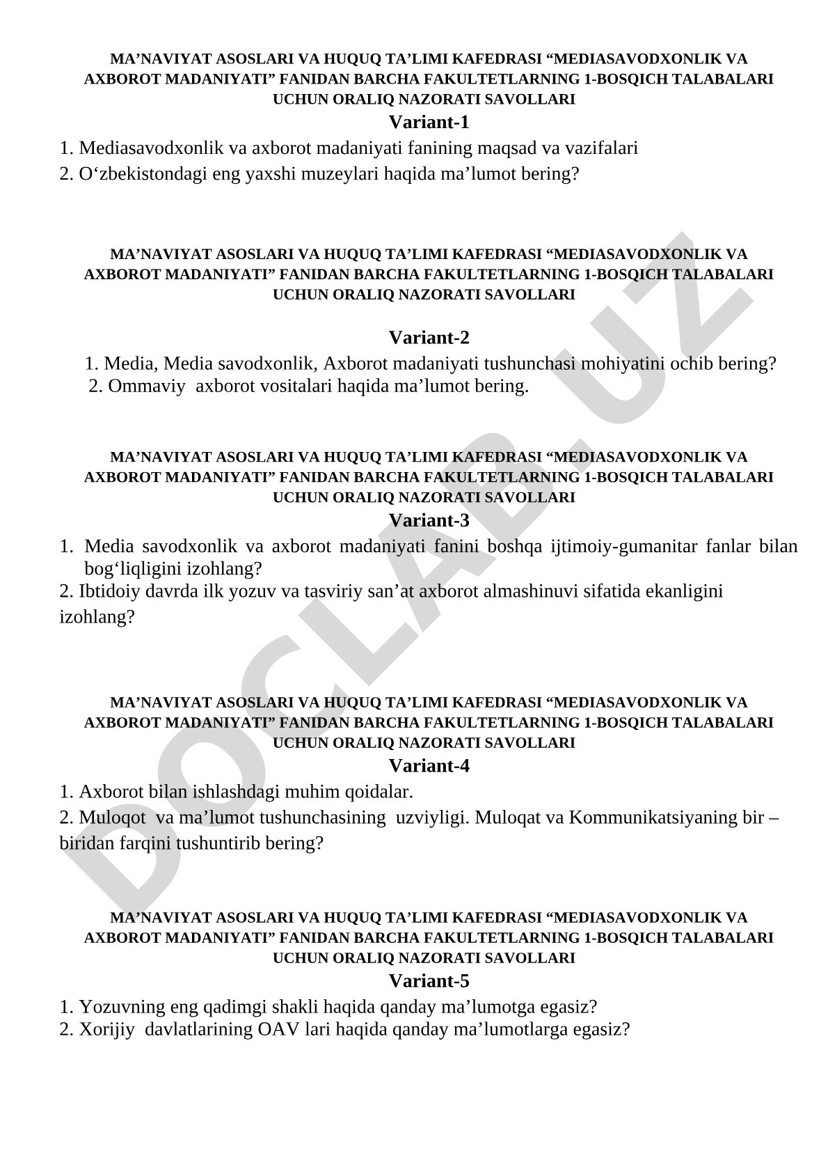 Mediasavodxonlik va axborot madaniyati fanidan oraliq nazorati savollari