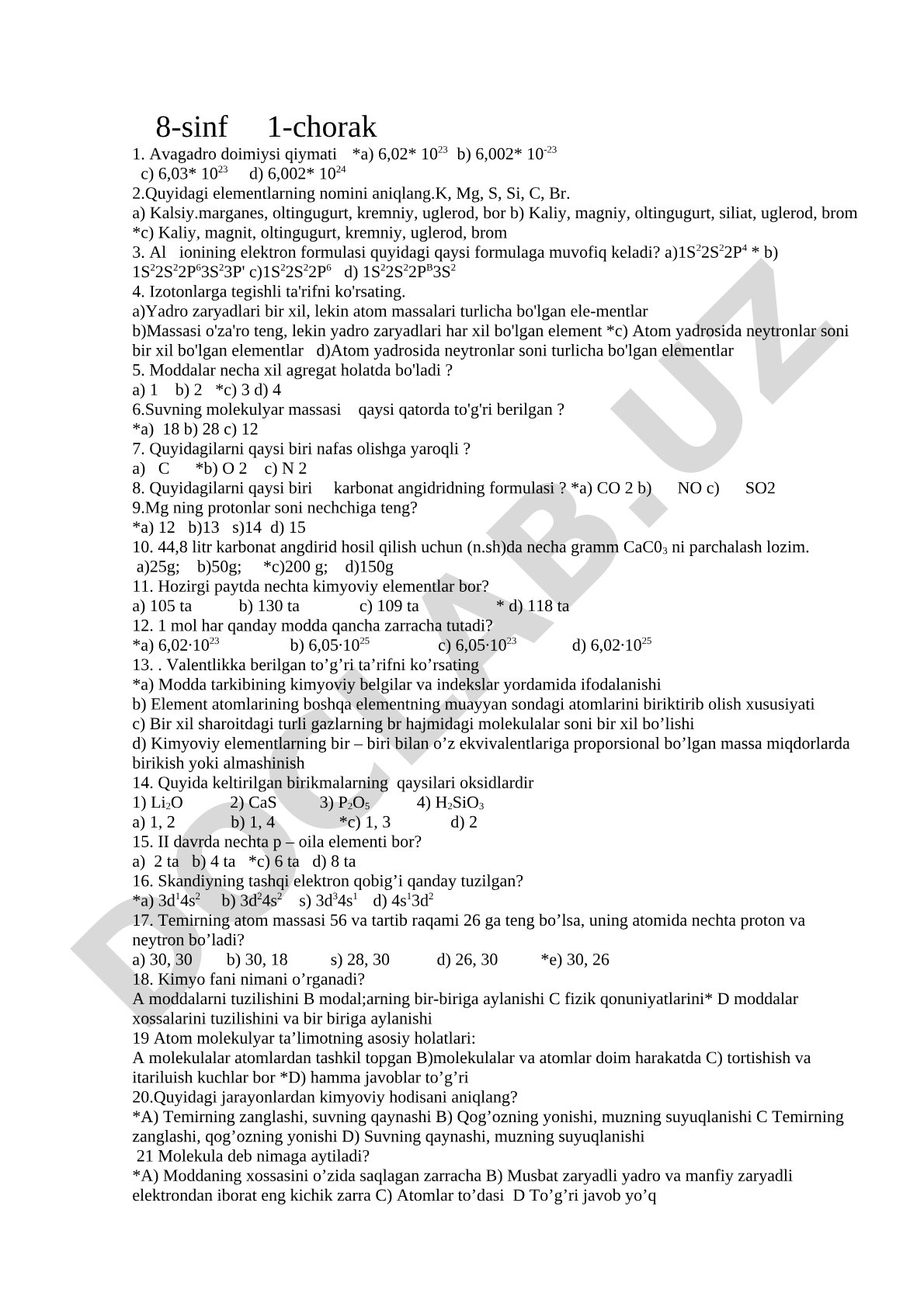 8-sinf 1-chorak kimyo test savollari