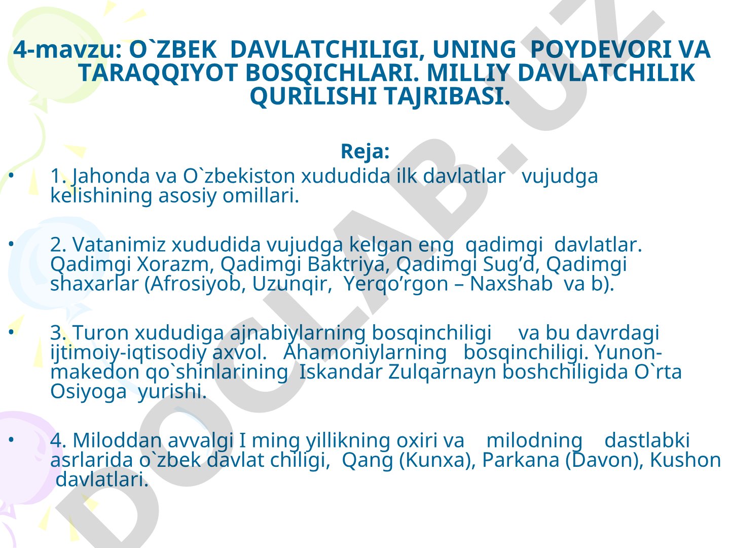 O`ZBEK DAVLATCHILIGI, UNING POYDEVORI VA TARAQQIYOT BOSQICHLARI. MILLIY DAVLATCHILIK QURILISHI TAJRIBASI