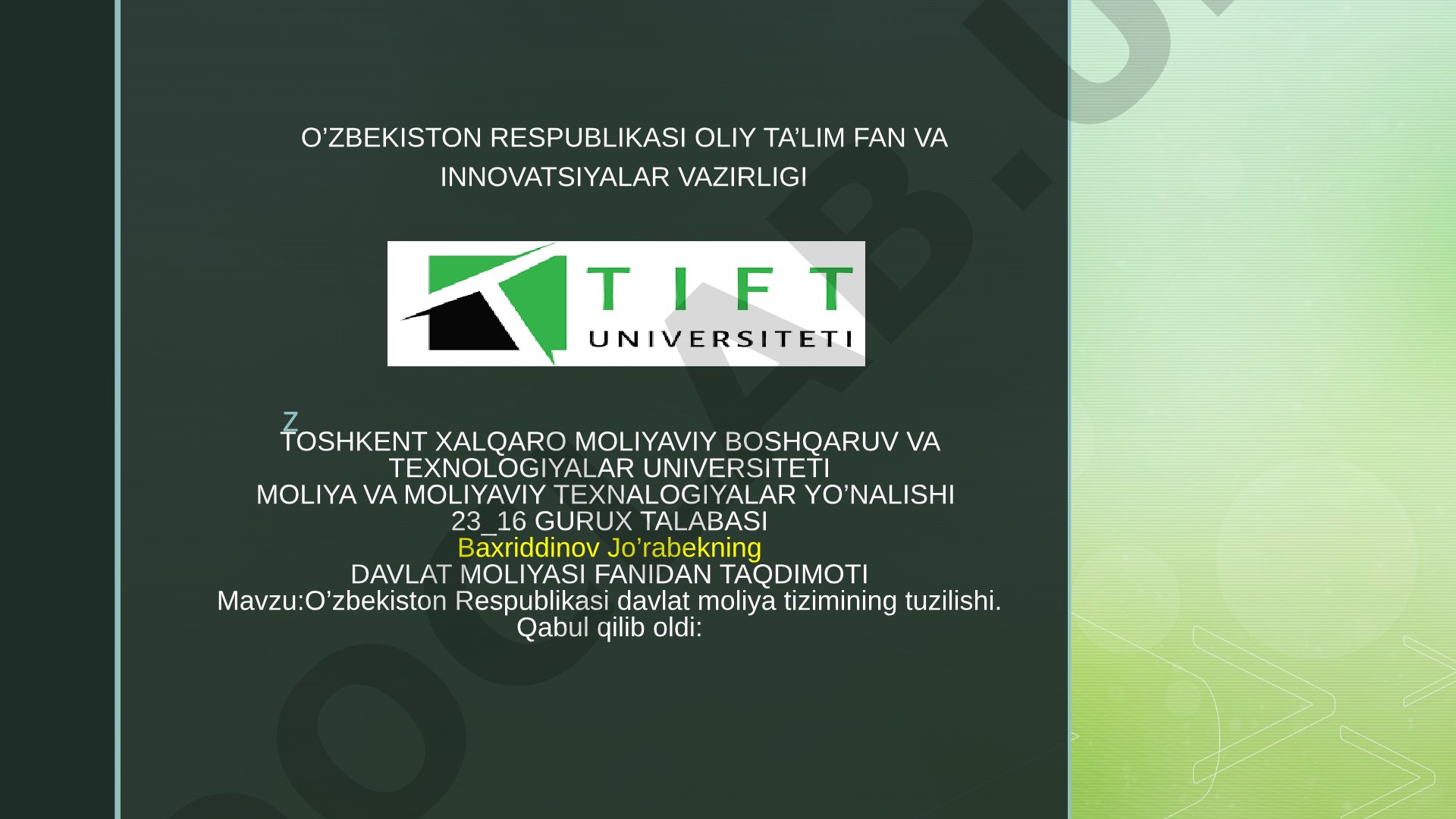 O’zbekiston Respublikasi davlat moliya tizimining tuzilishi