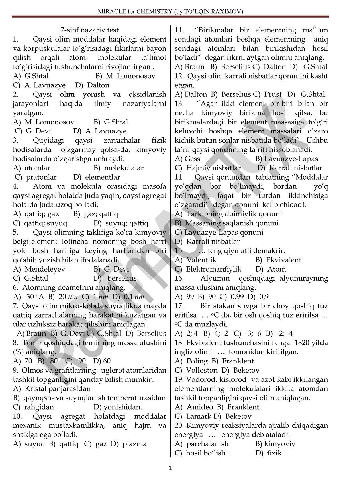 Miracle for Chemistry (by To’lqin Raximov) 7-sinf nazariy test