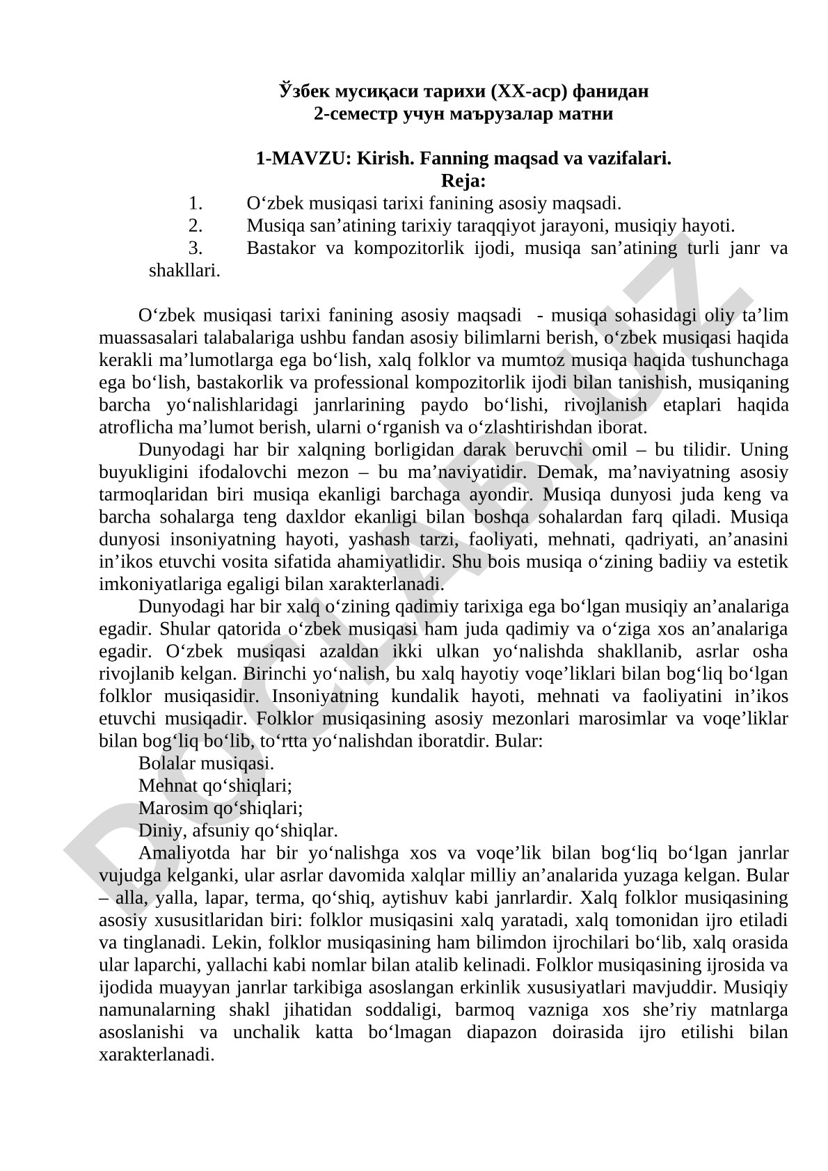 Kirish. Fanning maqsad va vazifalari.