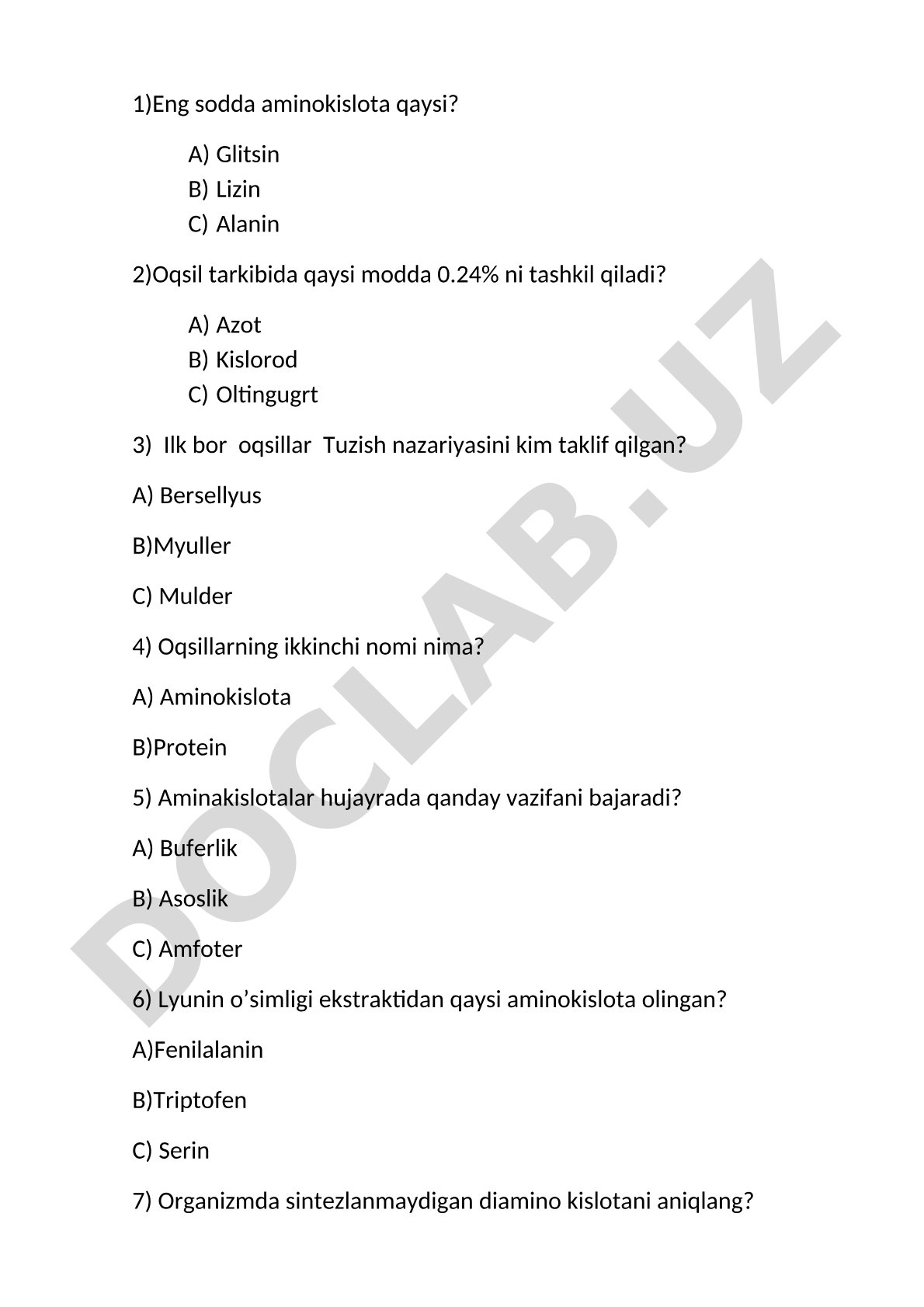 Aminokislotalar va oqsil tarkibi haqida test savollari
