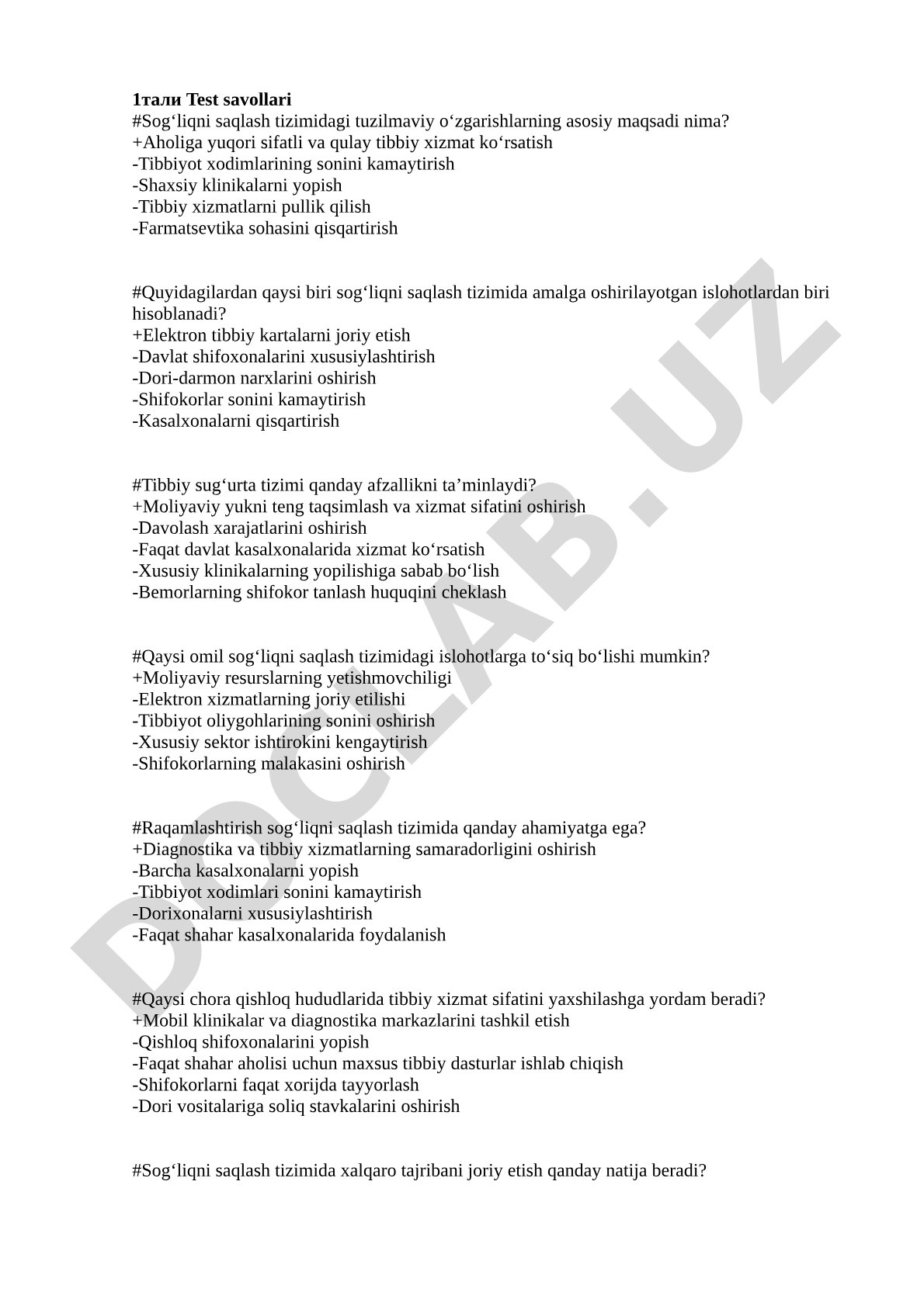 Sog‘liqni saqlash tizimidagi islohotlar test savollari