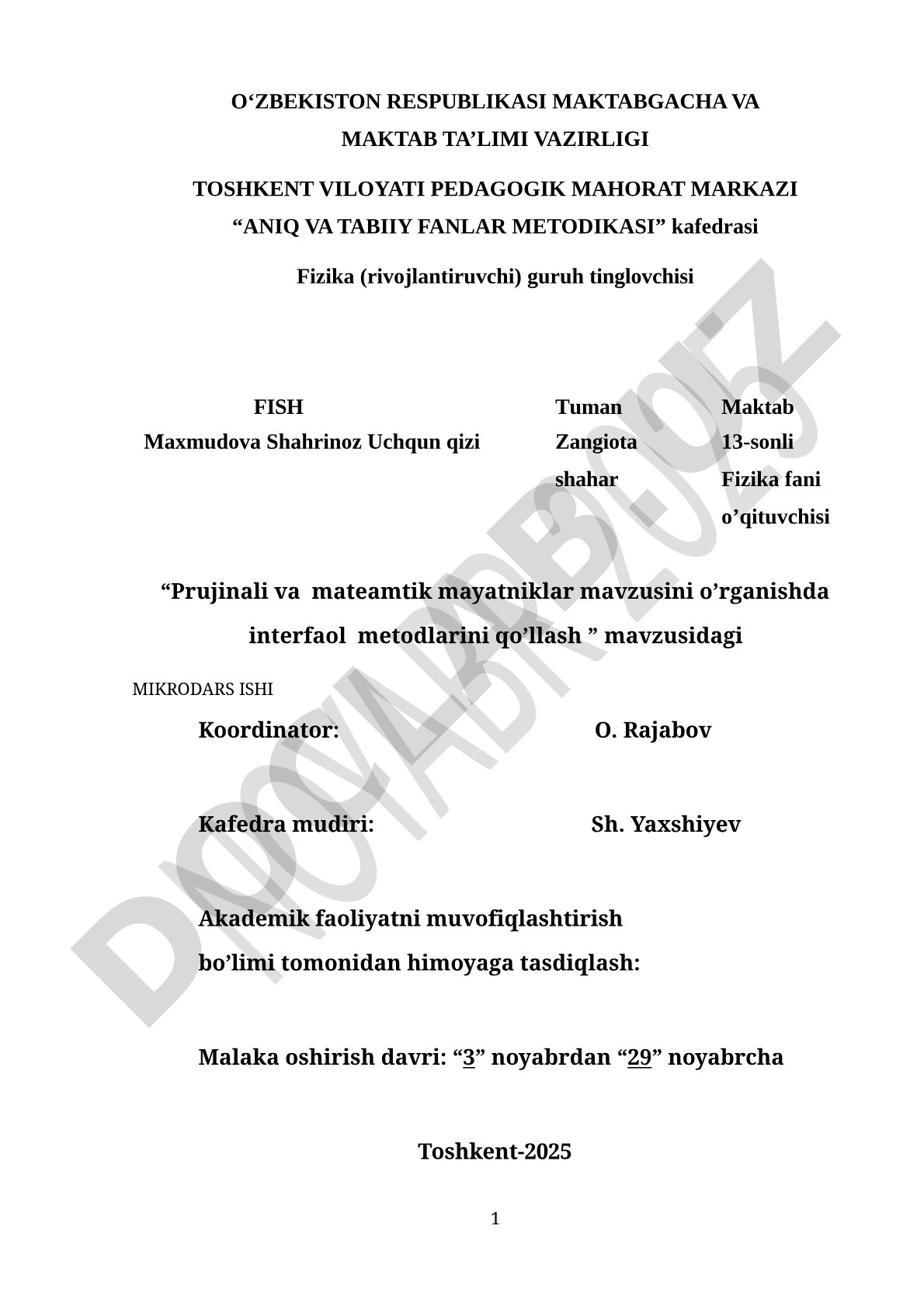 Prujinali va mateamtik mayatniklar mavzusini o’rganishda interfaol metodlarini qo’llash