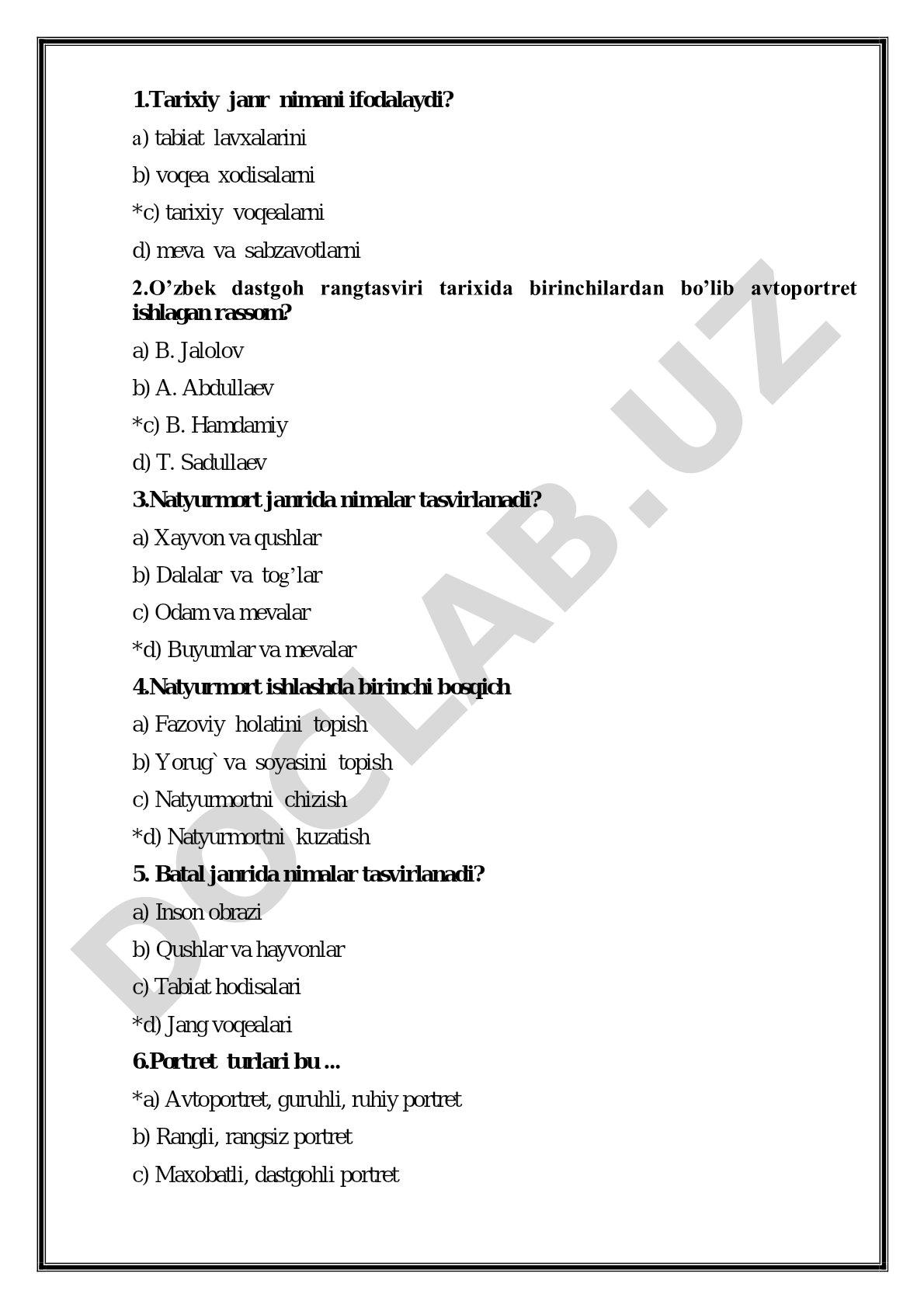 Tasviriy san'at janrlari bo'yicha test