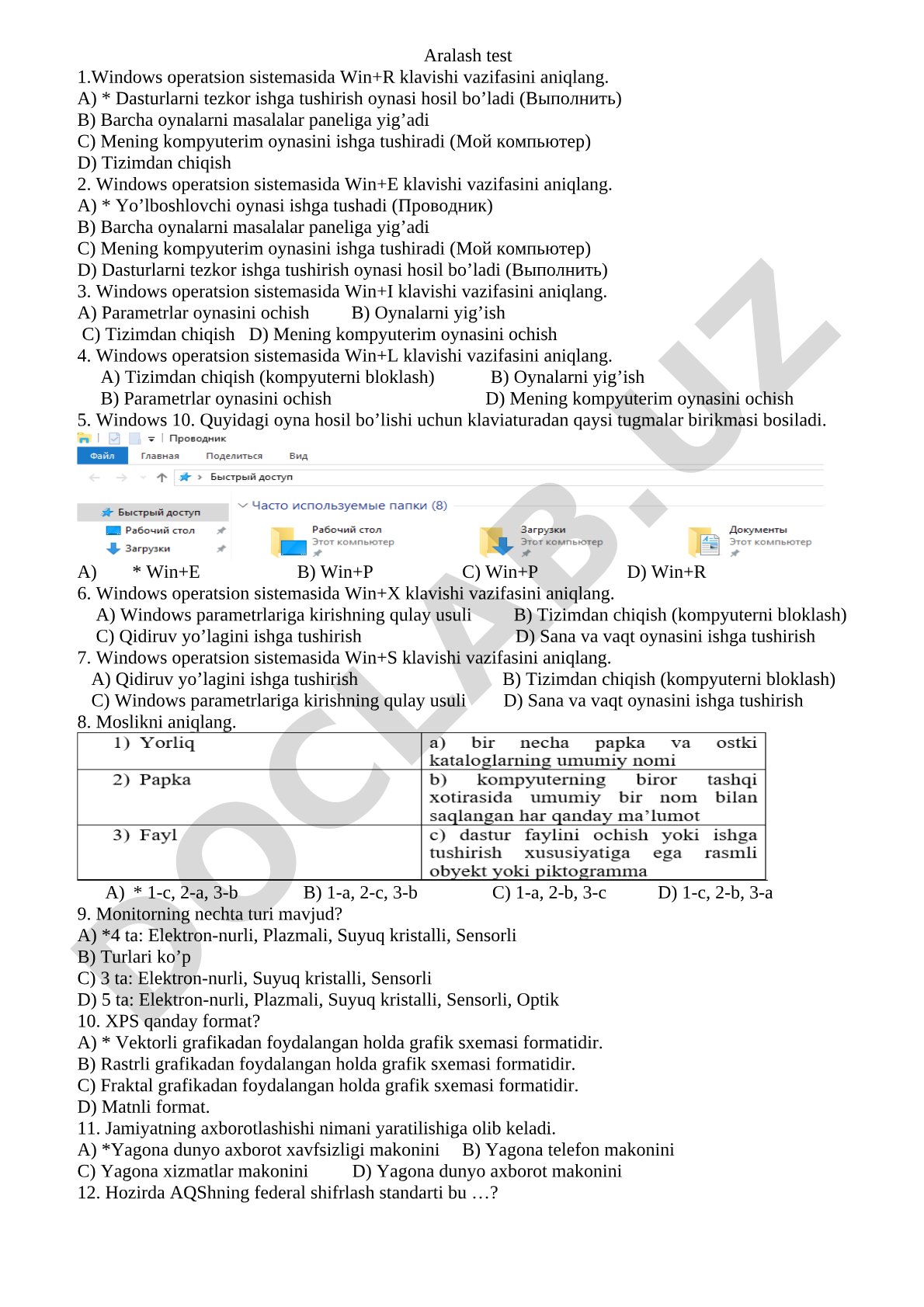 Windows operatsion sistemasida Win tugmalari birikmalari testi