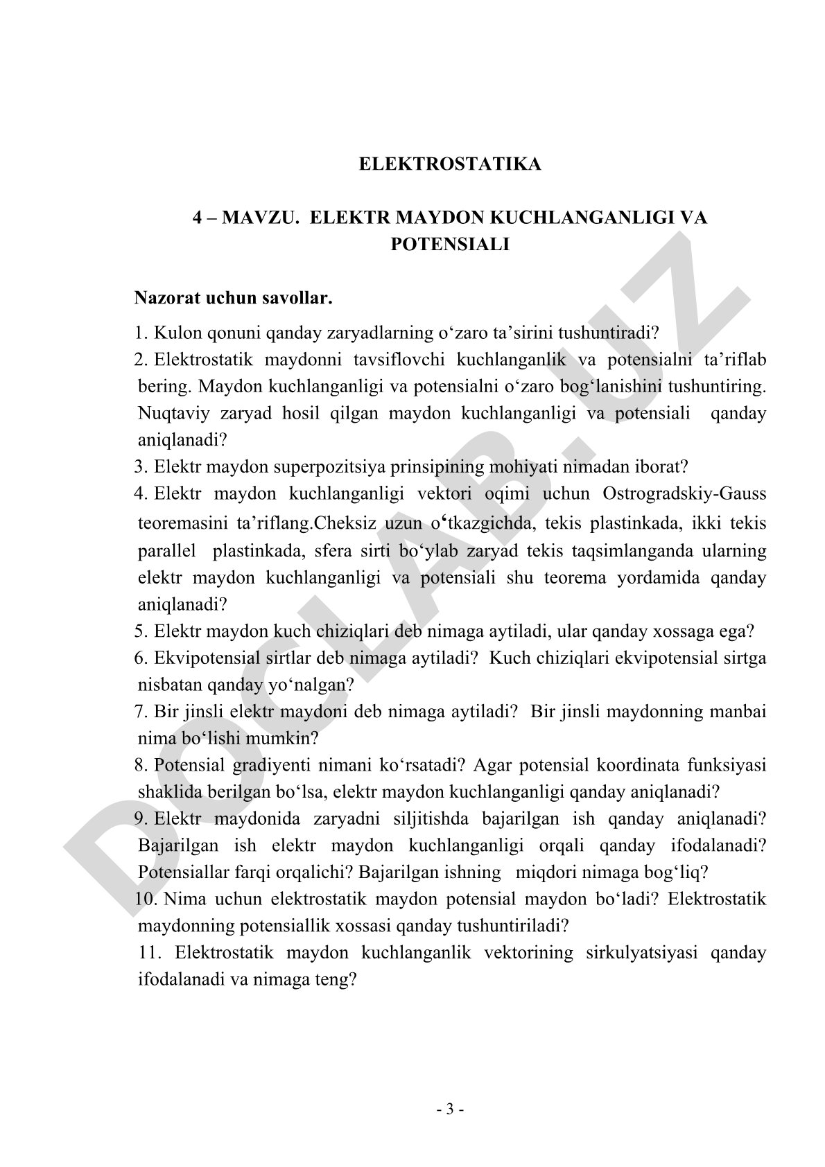 Elektr maydon kuchlanganligi va potensiali