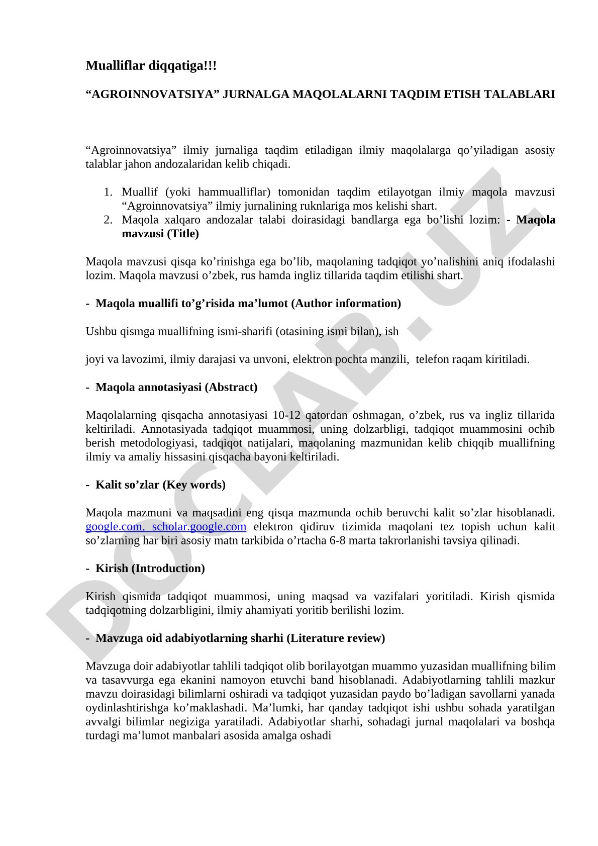 Agroinnovatsiya jurnaliga maqola topshirish talablari