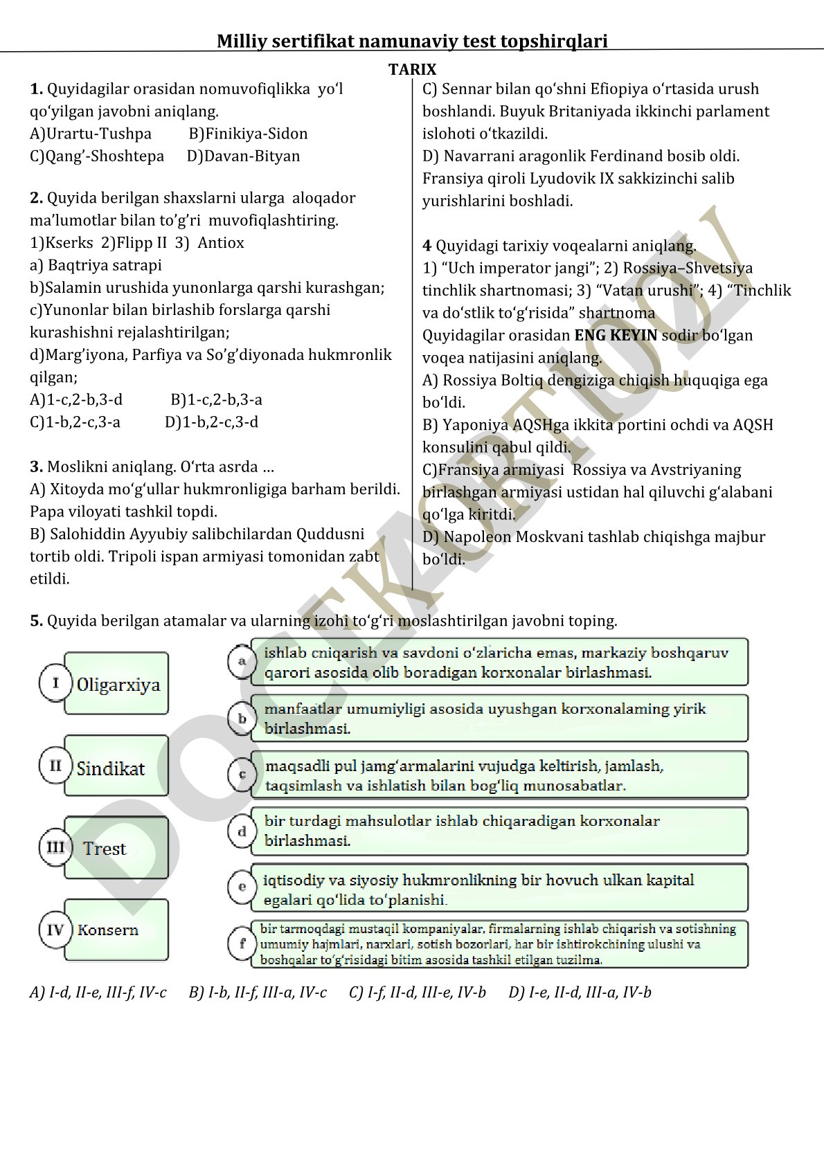 Milliy sertifikat namunaviy test topshiriqlari TARIX