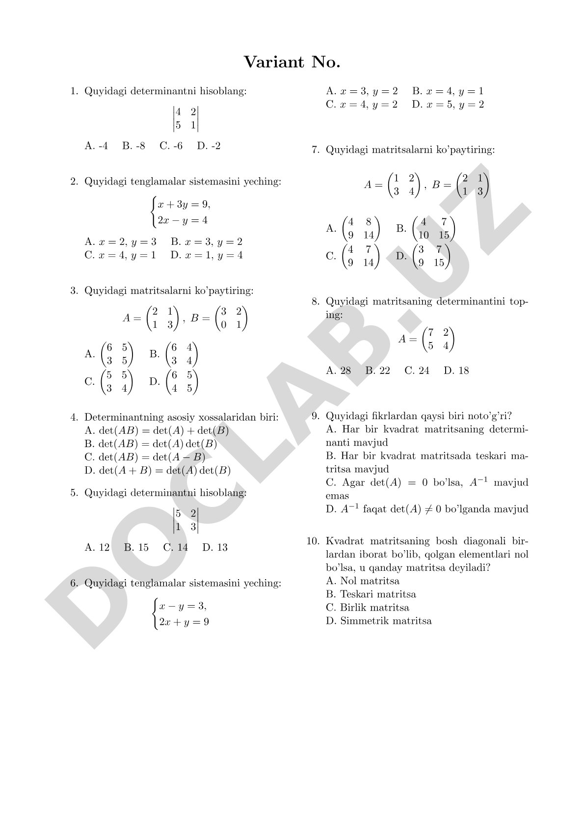 Matritsa va determinantlar bo'yicha test