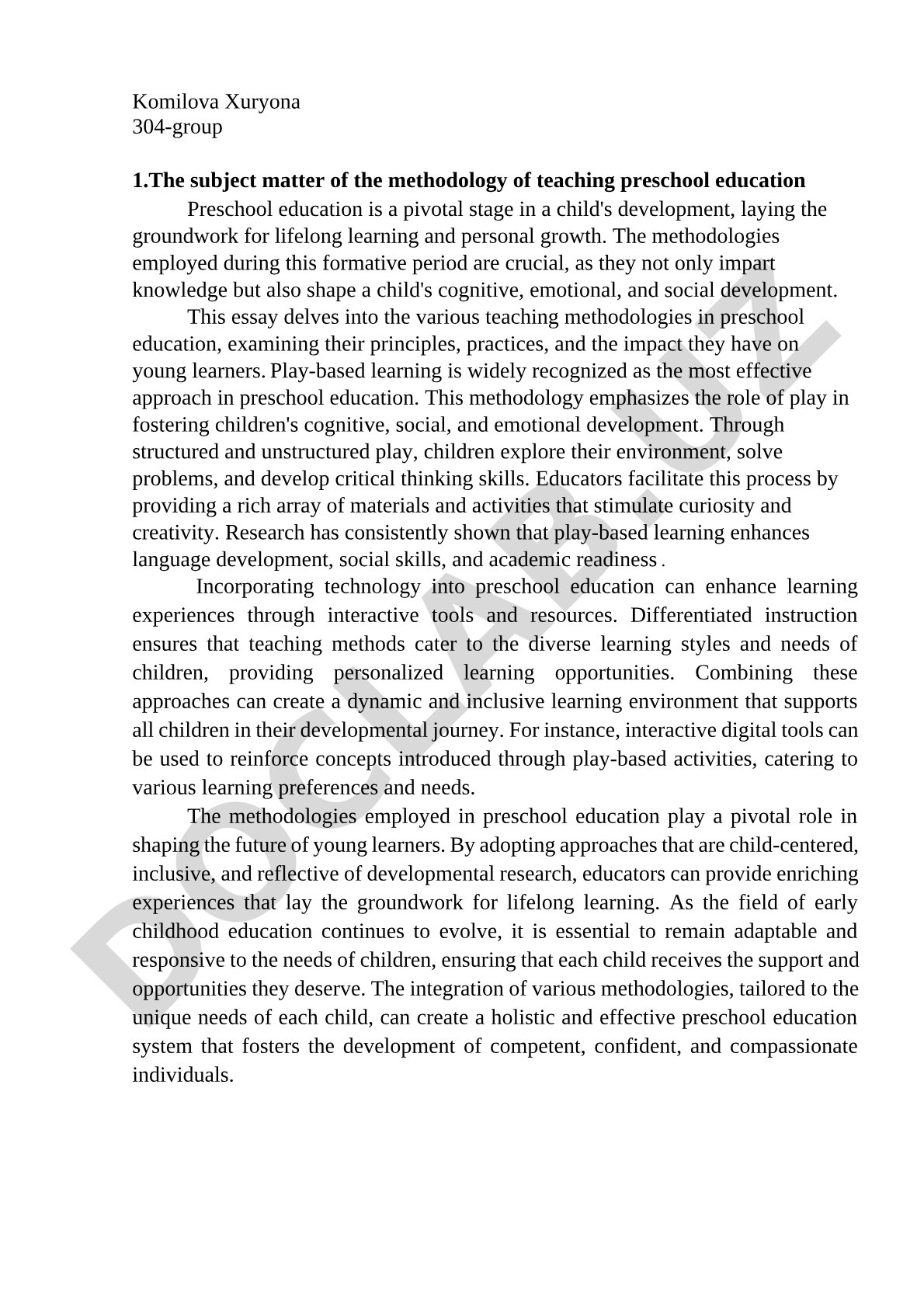 The subject matter of the methodology of teaching preschool education