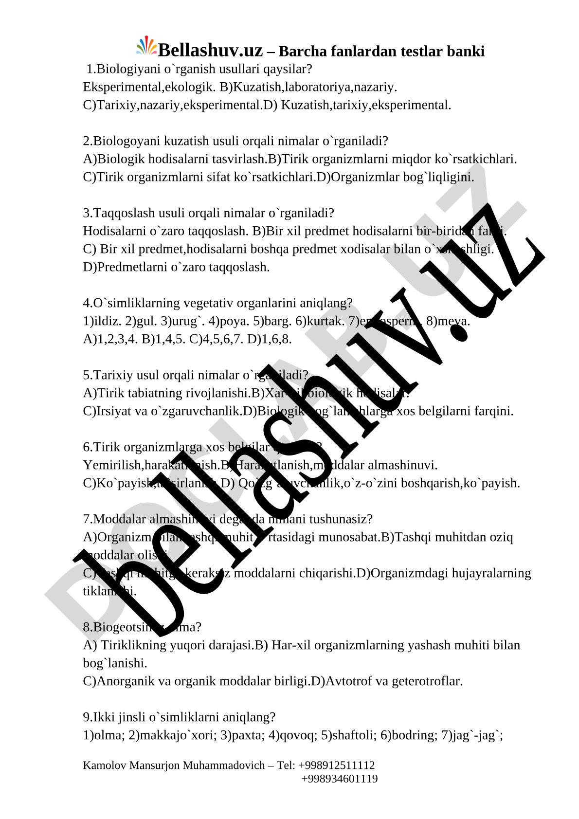 Biologiyani o'rganish usullari va tirik organizmlar belgilari