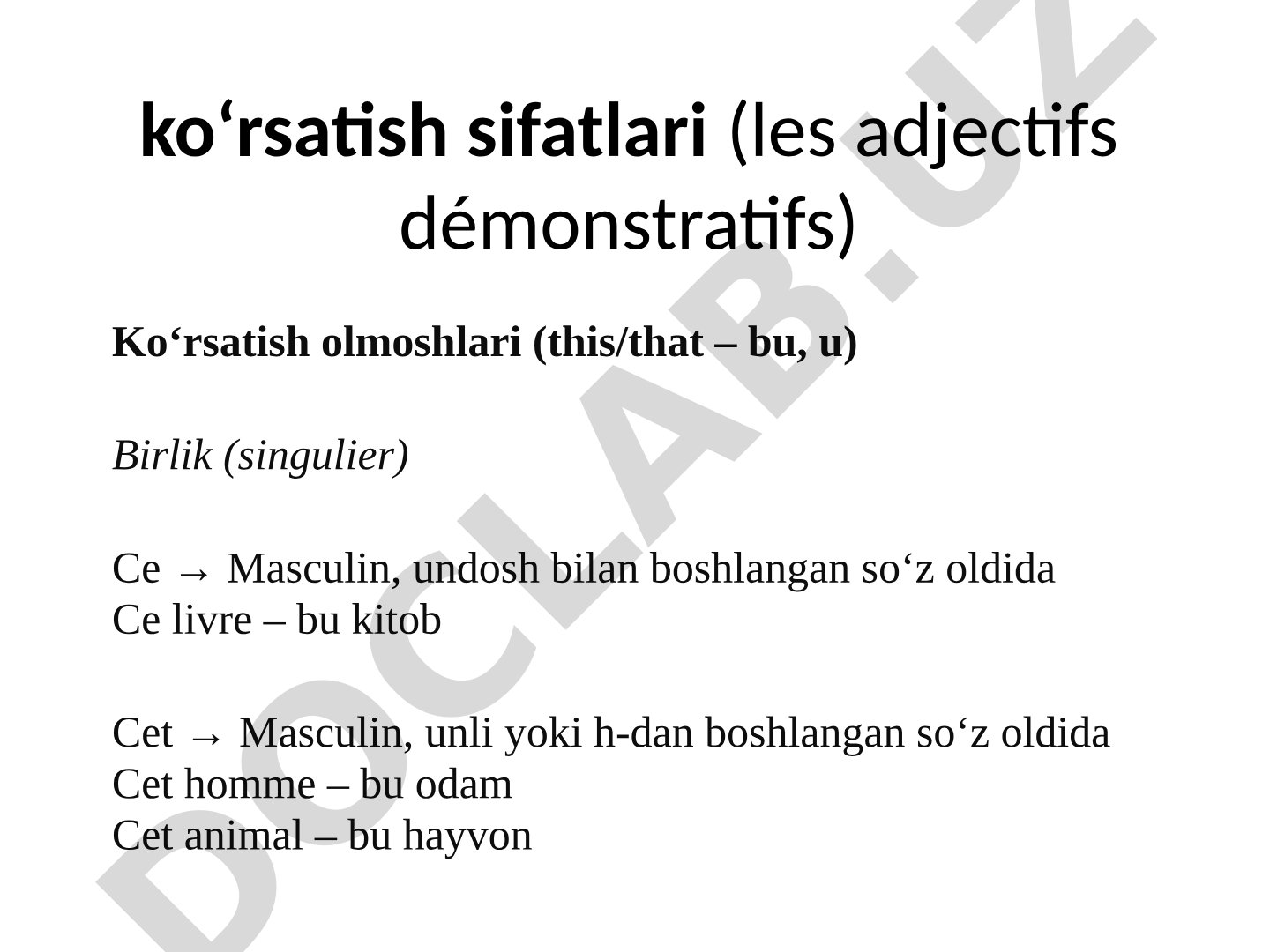 ko‘rsatish sifatlari (les adjectifs démonstratifs)