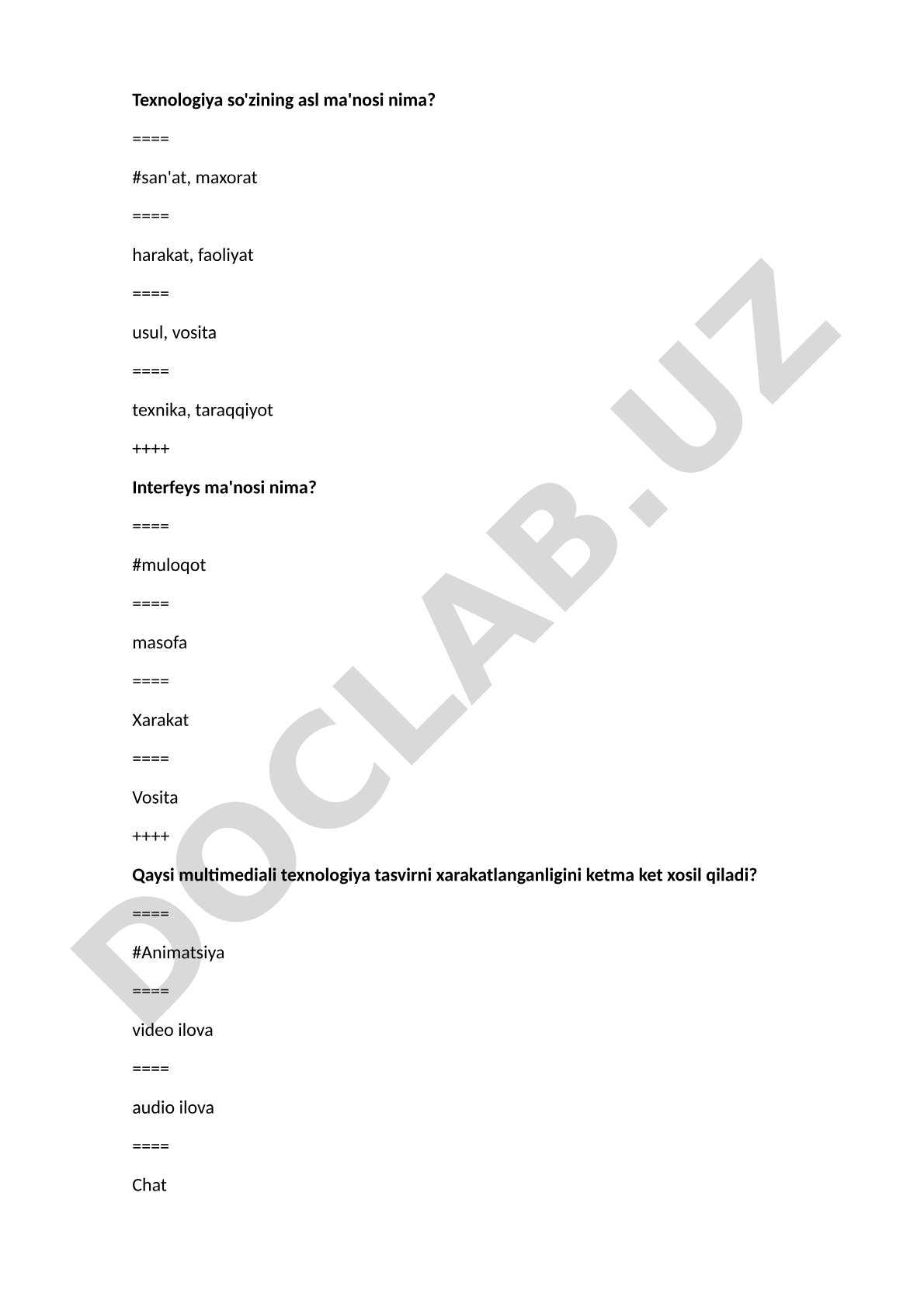 Texnologiya va Microsoft Word bo'yicha test savollari