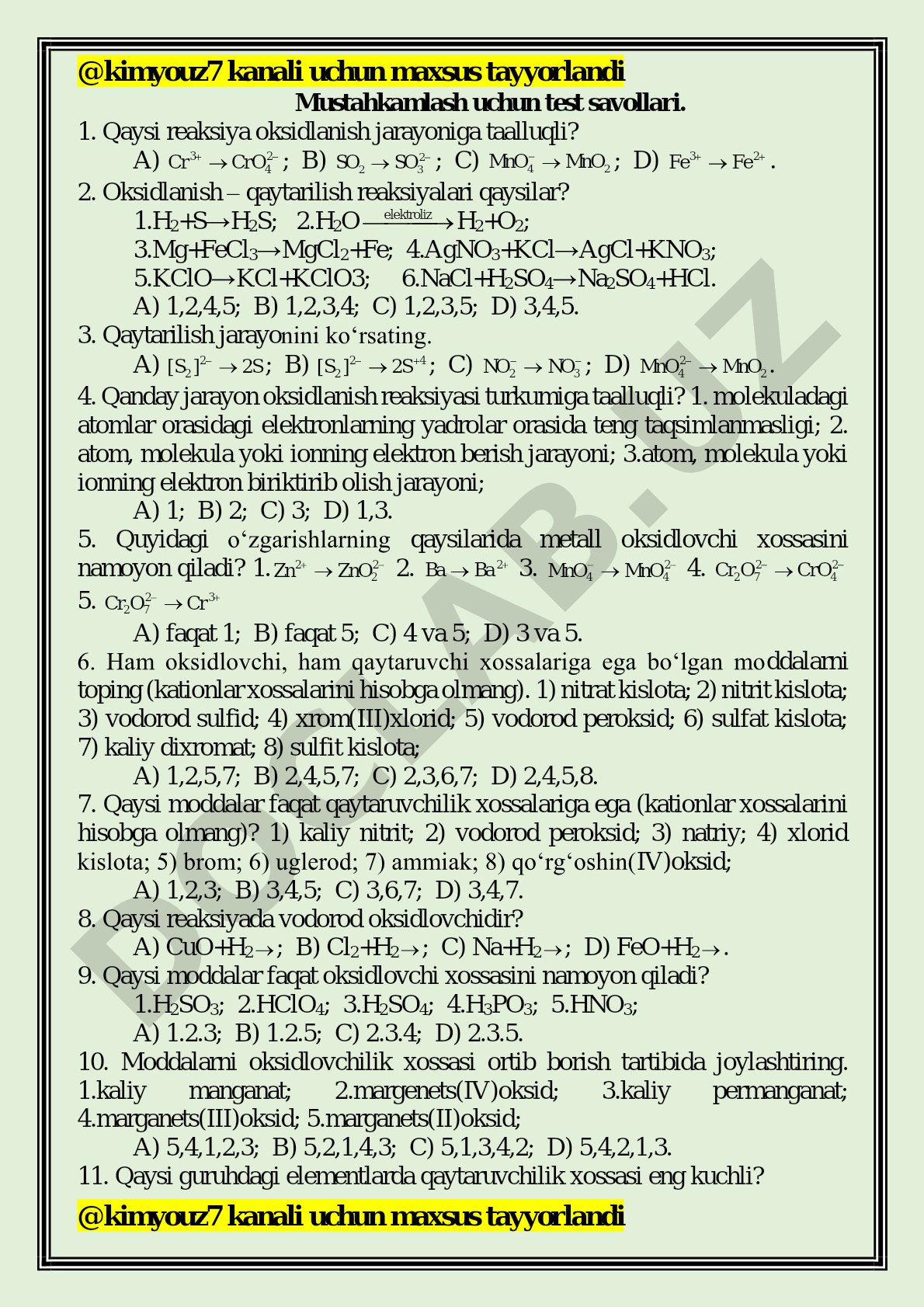 Mustahkamlash uchun test savollari