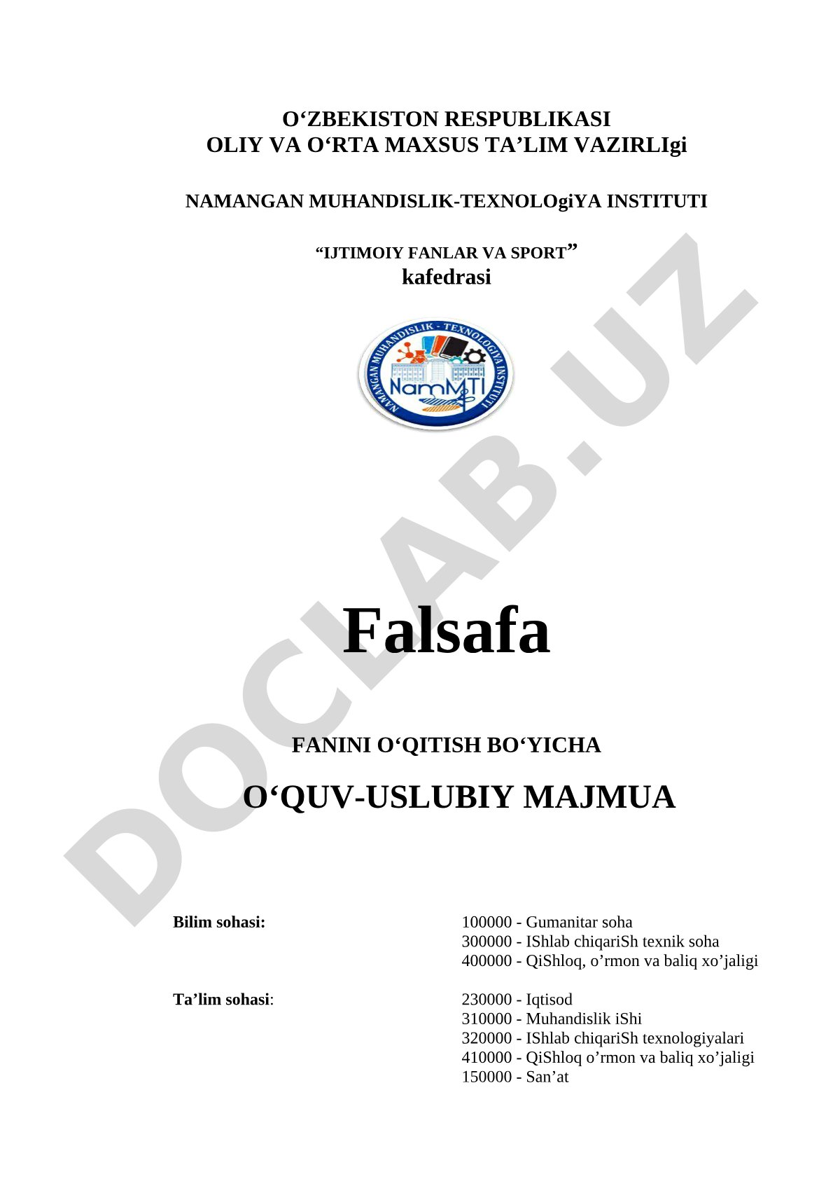 Falsafa fanini o'qitish bo'yicha o'quv-uslubiy majmua