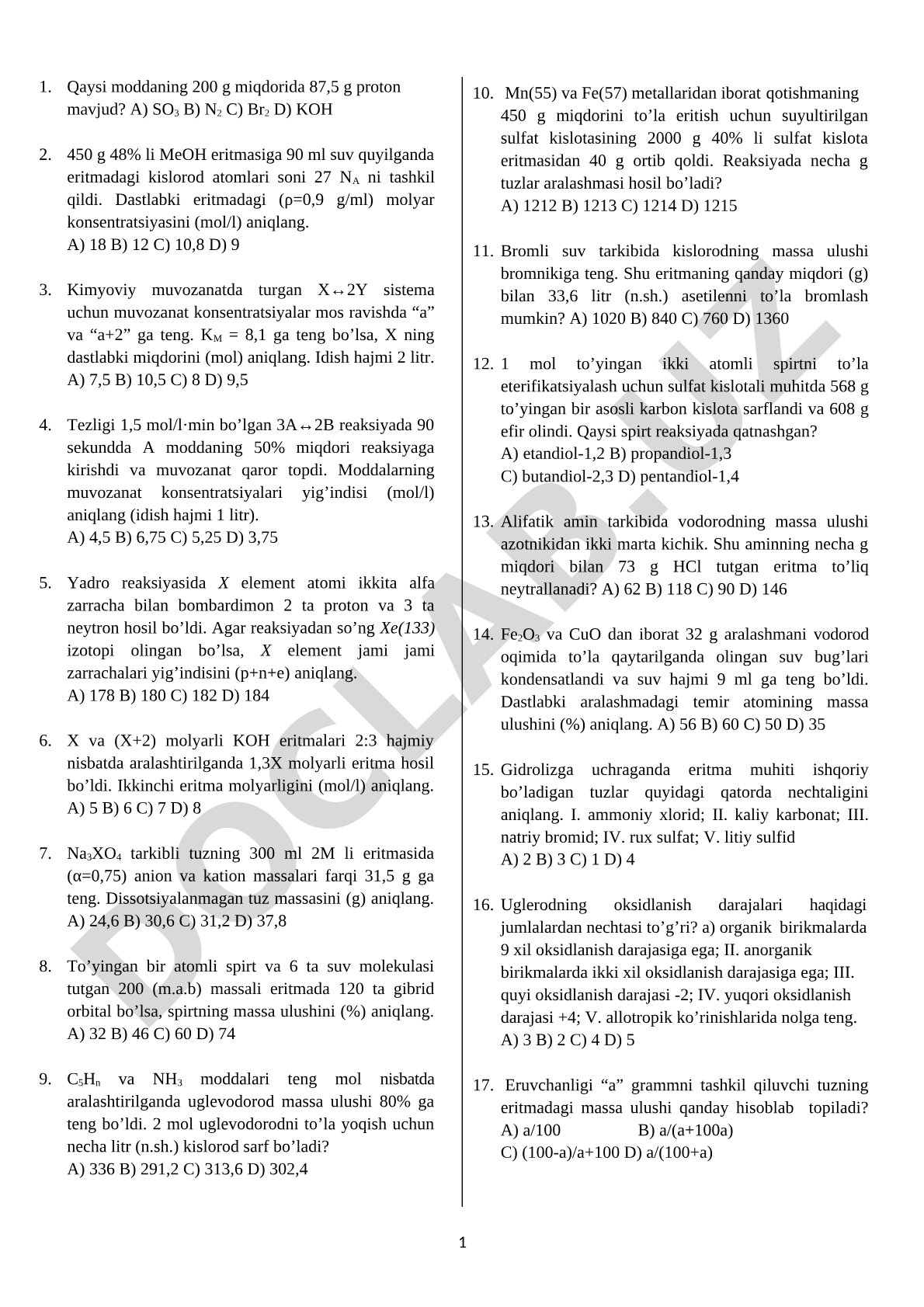 Kimyoviy muvozanat, molyar konsentratsiya va yadro reaksiyasiga oid masalalar