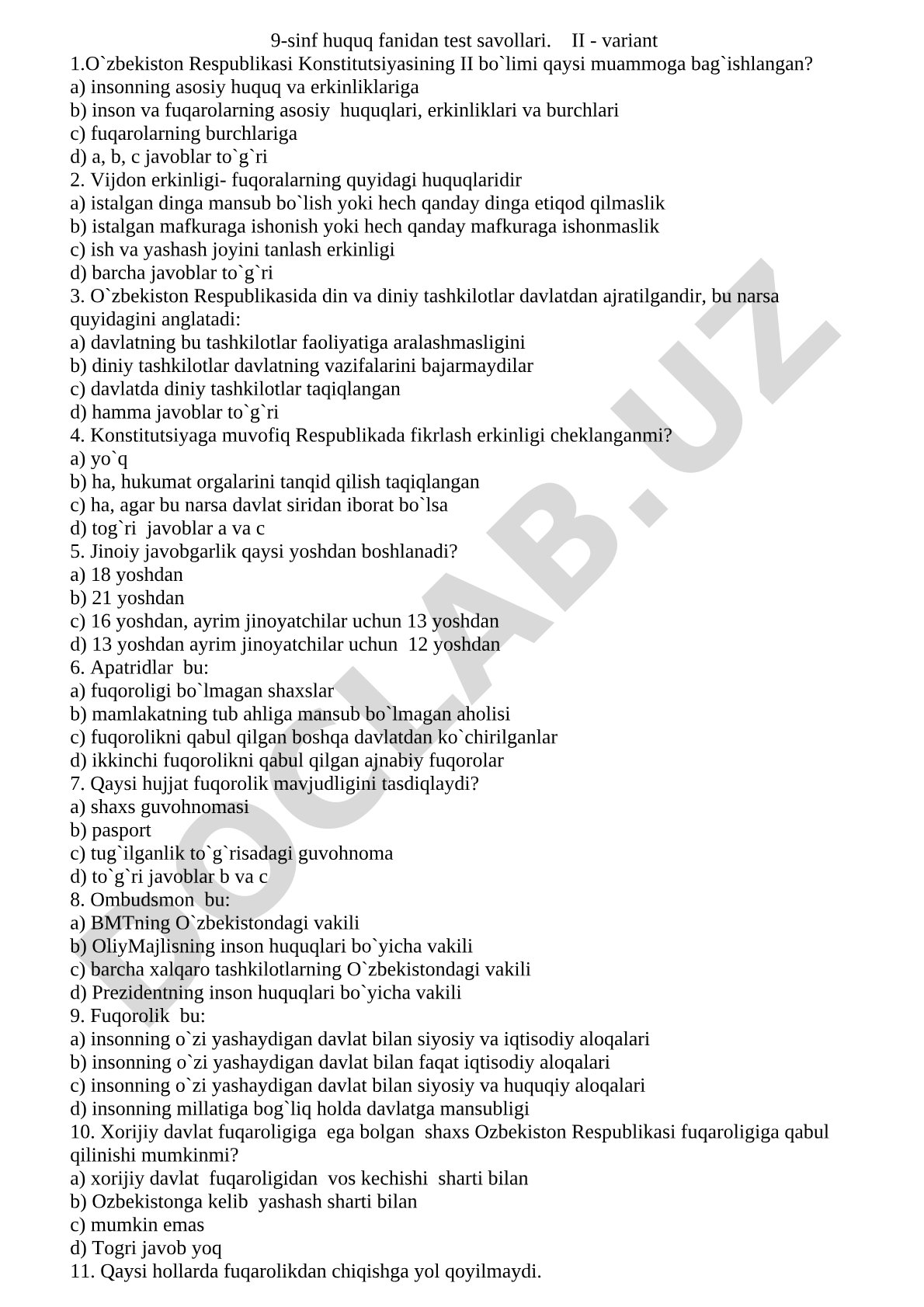 9-sinf huquq fanidan test savollari II variant