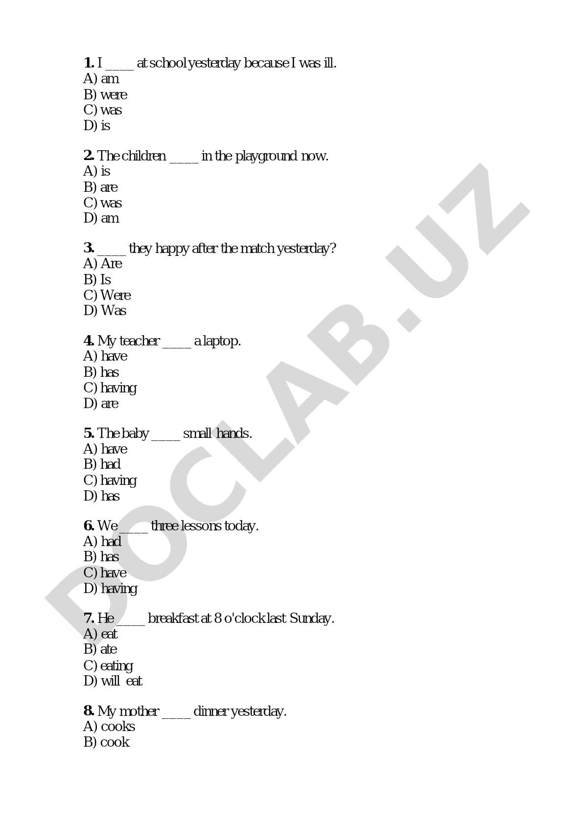 English verb tenses multiple choice test