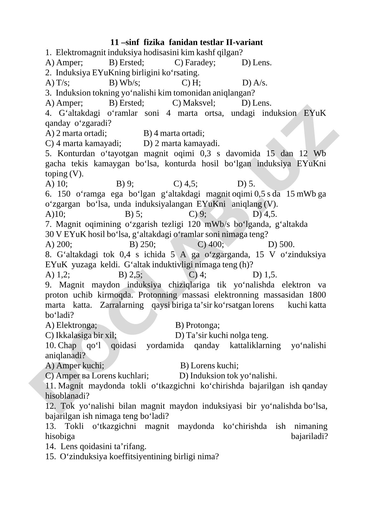 11 –sinf fizika fanidan testlar II-variant