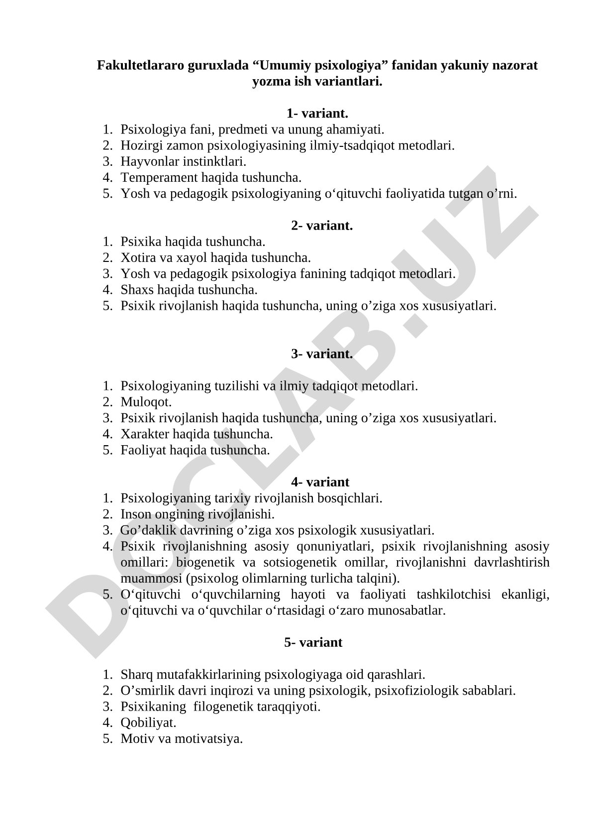 Umumiy psixologiya fanidan yakuniy nazorat yozma ish variantlari