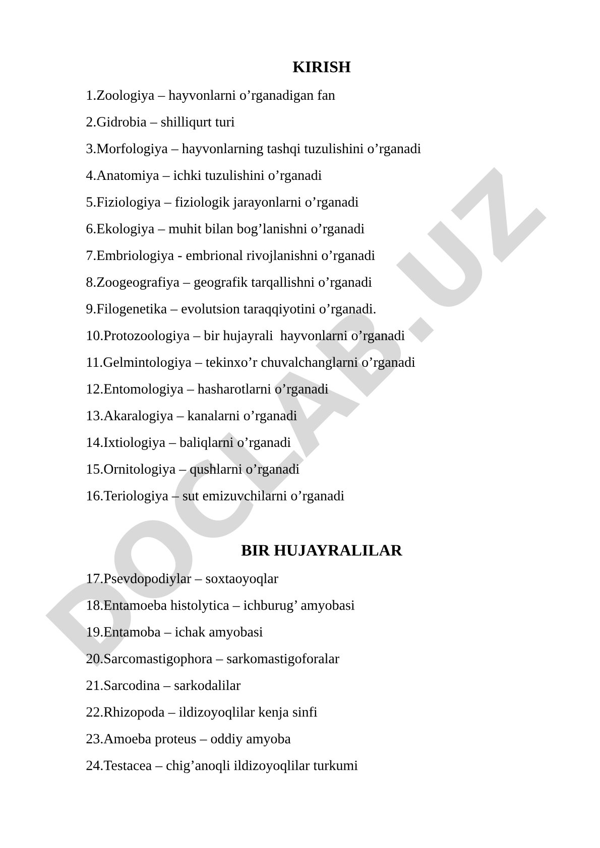 Zoologiya faniga kirish va bir hujayrali hayvonlar
