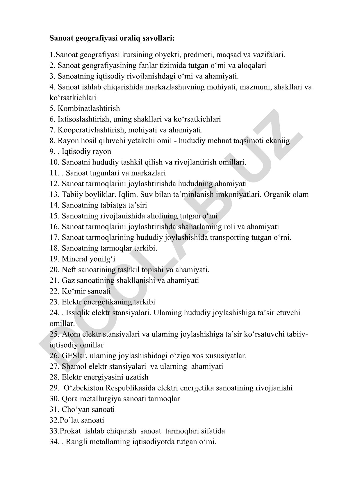 Sanoat geografiyasi kursining asosiy tushunchalari va savollari