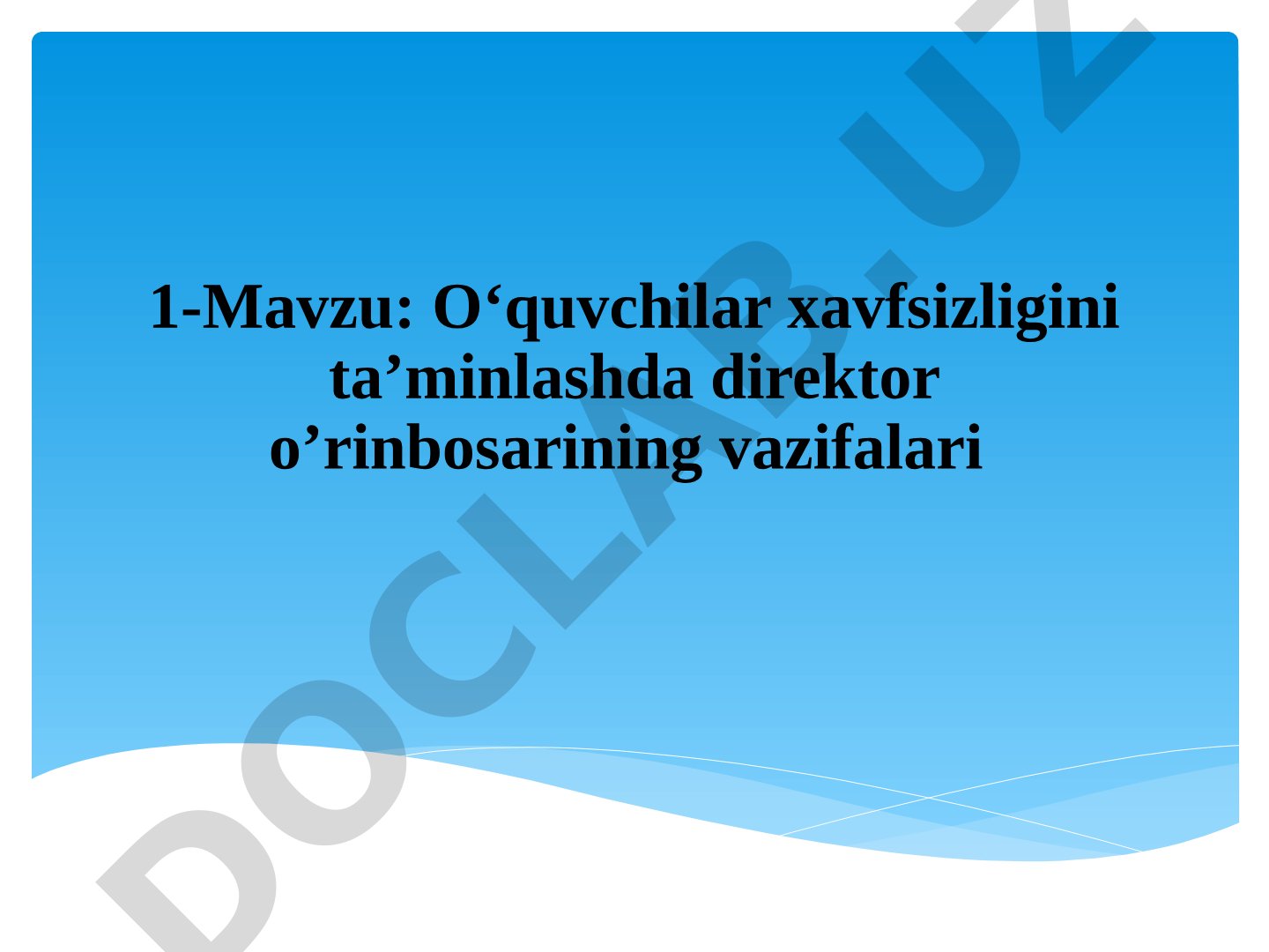 O‘quvchilar xavfsizligini ta’minlashda direktor o’rinbosarining vazifalari O’zbekiston Respublikasi Prezidentining “Bolalarni zo’ravonlikning barcha shakllaridan himoya qilish to’g’risida”dagi Qonunining mazmun-mohiyati