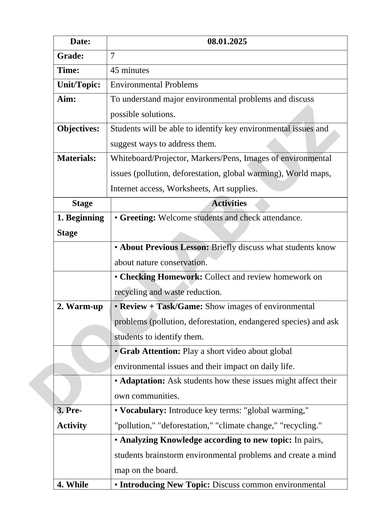 Lesson plan for grade 7 on environmental problems, objectives, activities