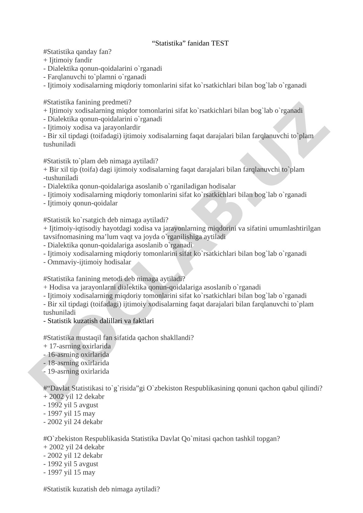 «Statistika» fanidan TEST