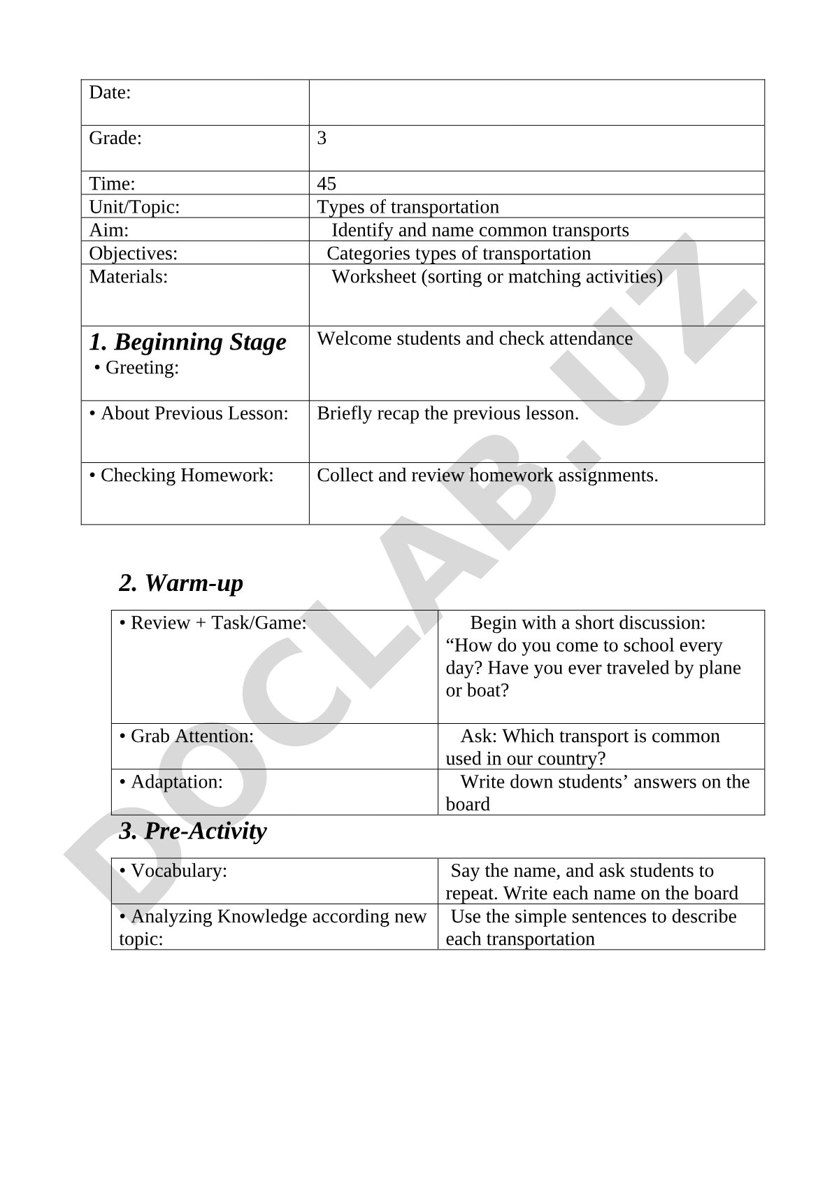 Lesson plan for grade 3 on types of transportation, including activities and materials
