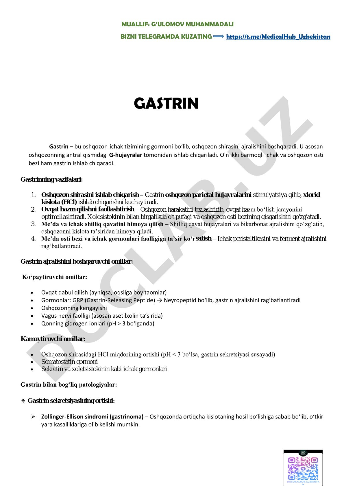 Gastrin gormoni va uning vazifalari