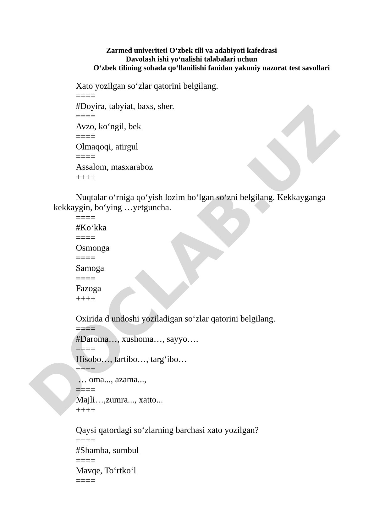 O‘zbek tilining sohada qo‘llanilishi fanidan yakuniy nazorat test savollari