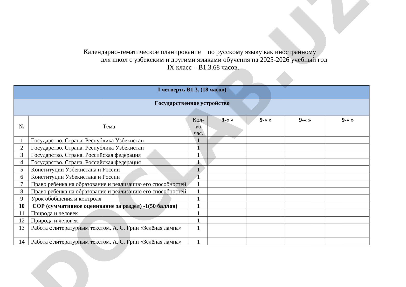 Календарно-тематическое планирование по русскому языку для 9 класса на 2025-2026 учебный год