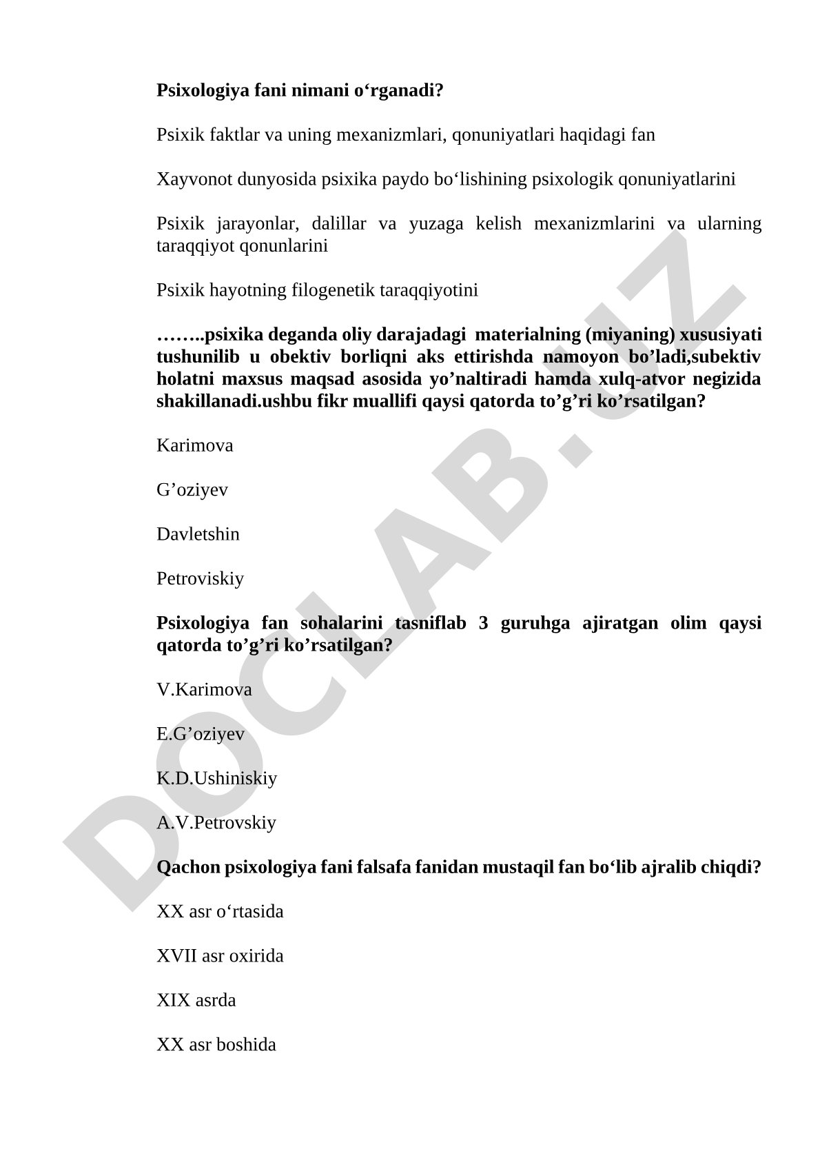 Psixologiya fani va psixik jarayonlar haqida test savollari