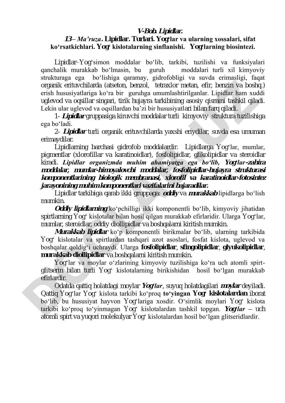 Lipidlar turlari, yog'lar va ularning xossalari