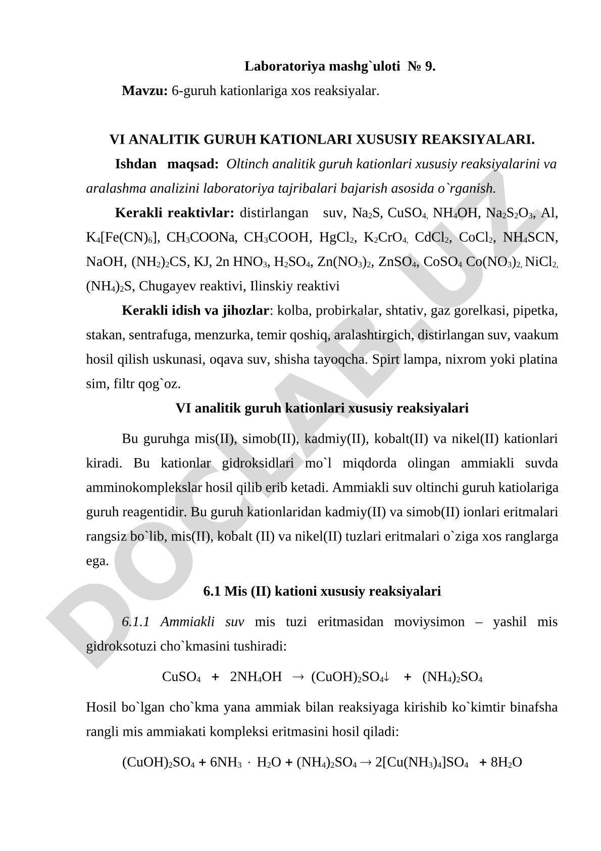 VI analitik guruh kationlari xususiy reaksiyalari